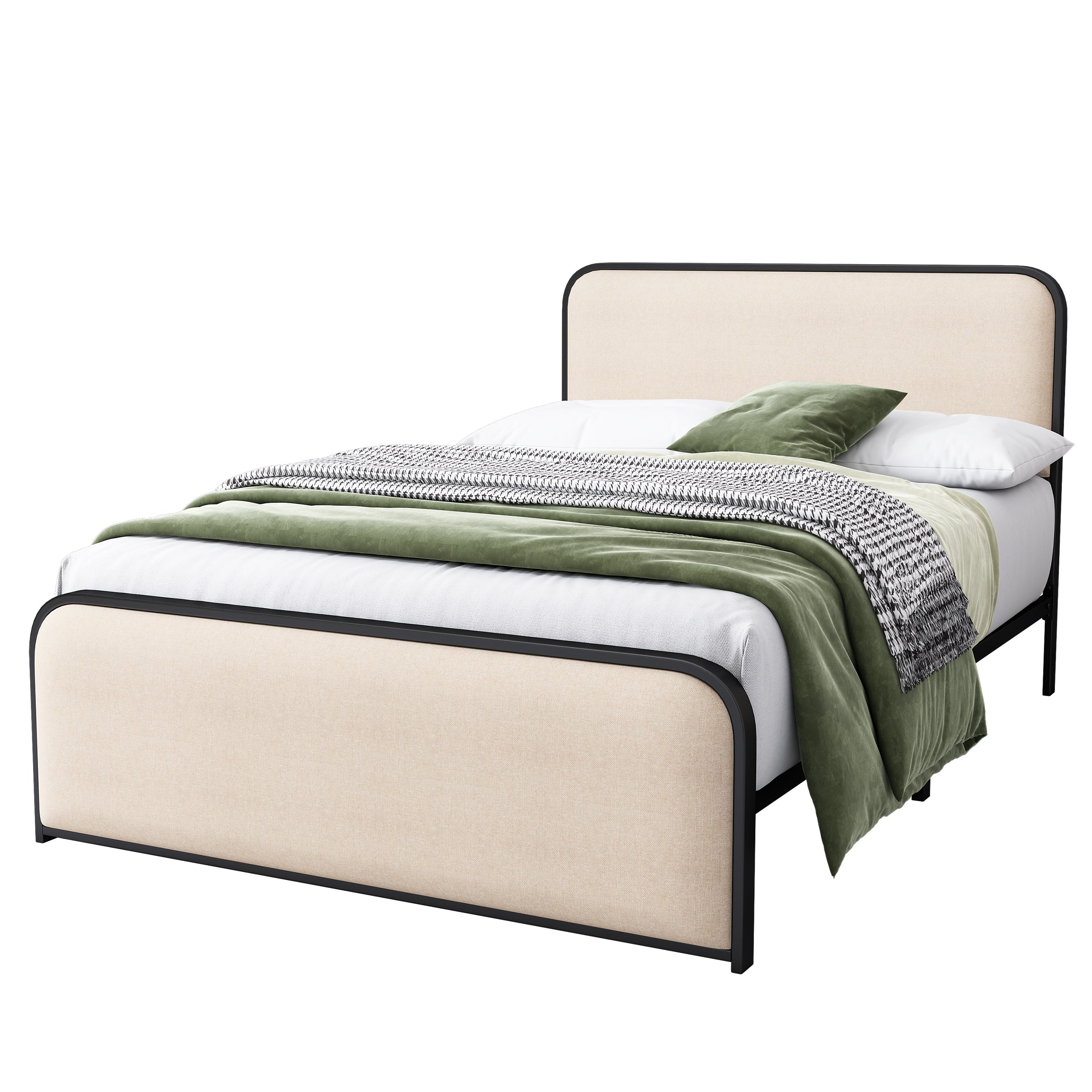 Modern Metal Bed Frame with Curved Upholstered Headboard and Footboard Bed with Under Bed Storage, Heavy Duty Metal Slats, Full Size, Beige - Atlantic Fine Furniture Melbourne FL