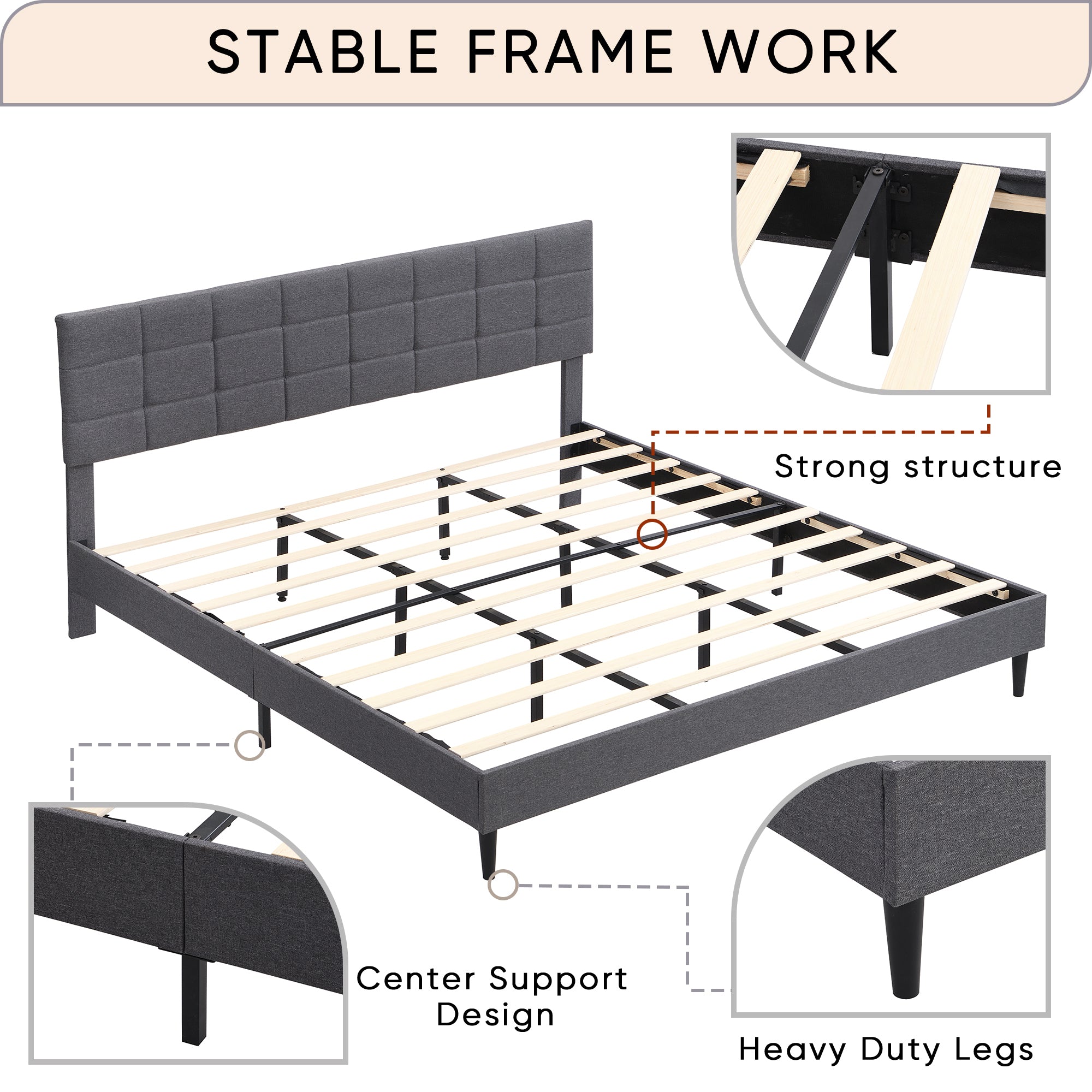 King Size Platform Bed Frame with Fabric Upholstered Headboard and Wooden Slats, No Box Spring Needed/Easy Assembly, Dark Grey - Atlantic Fine Furniture Melbourne FL