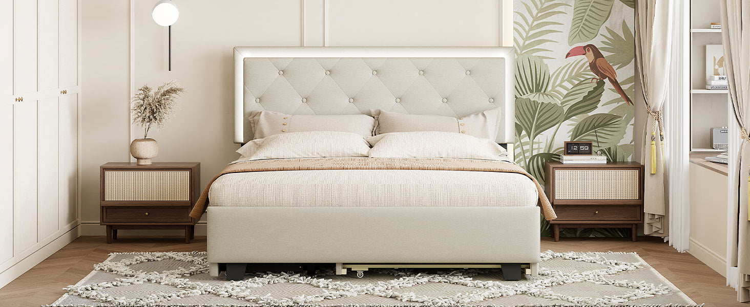 Queen Size Velvet Storage Platform Bed, with 2 Big Drawers, Twin XL Size Trundle and LED Light, Beige - Atlantic Fine Furniture Melbourne FL