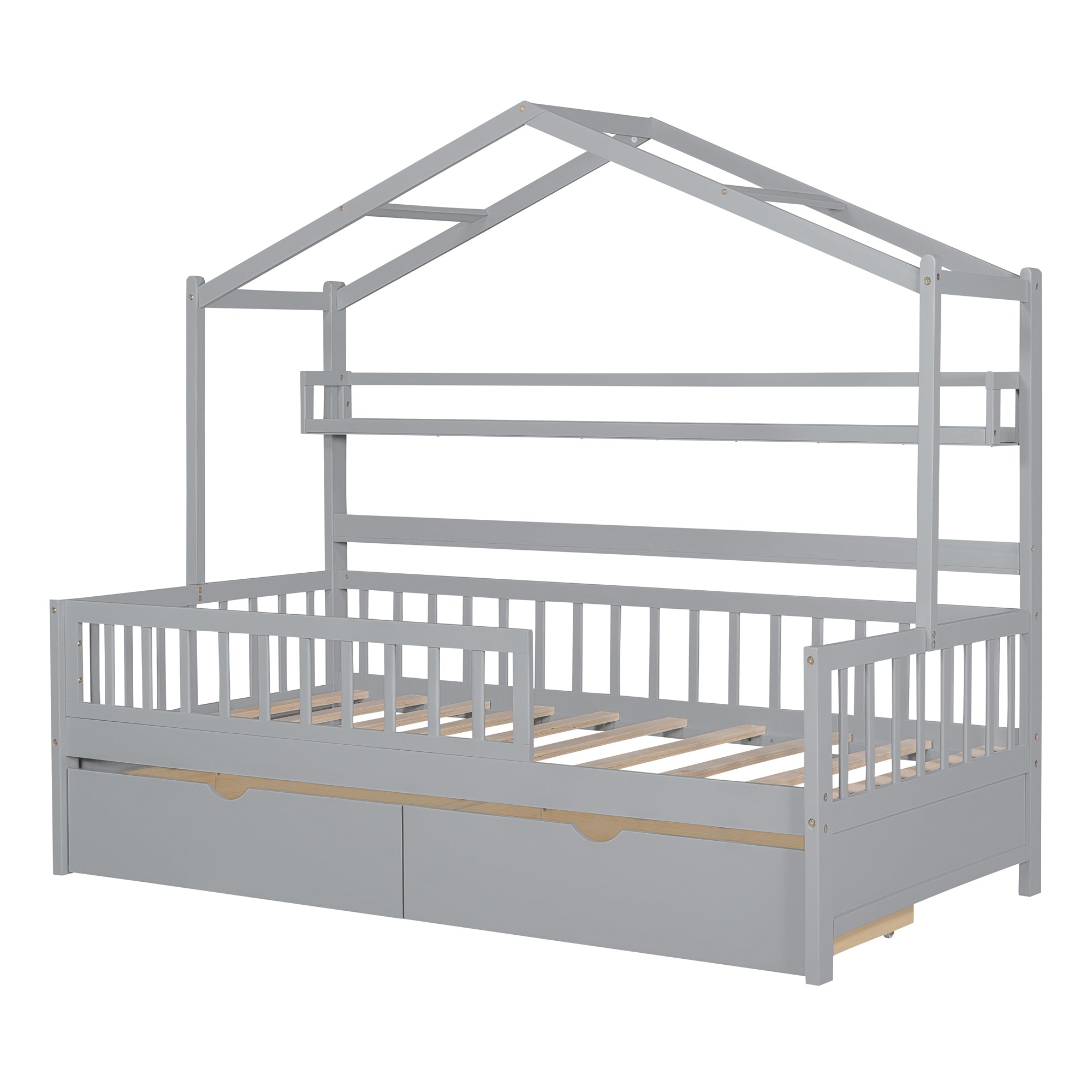 Wooden Twin Size House Bed with 2 Drawers,Kids Bed with Storage Shelf, Gray - Atlantic Fine Furniture Melbourne FL