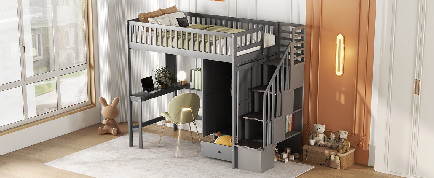 Twin size Loft Bed with Bookshelf,Drawers,Desk,and Wardrobe-Gray - Atlantic Fine Furniture Melbourne FL