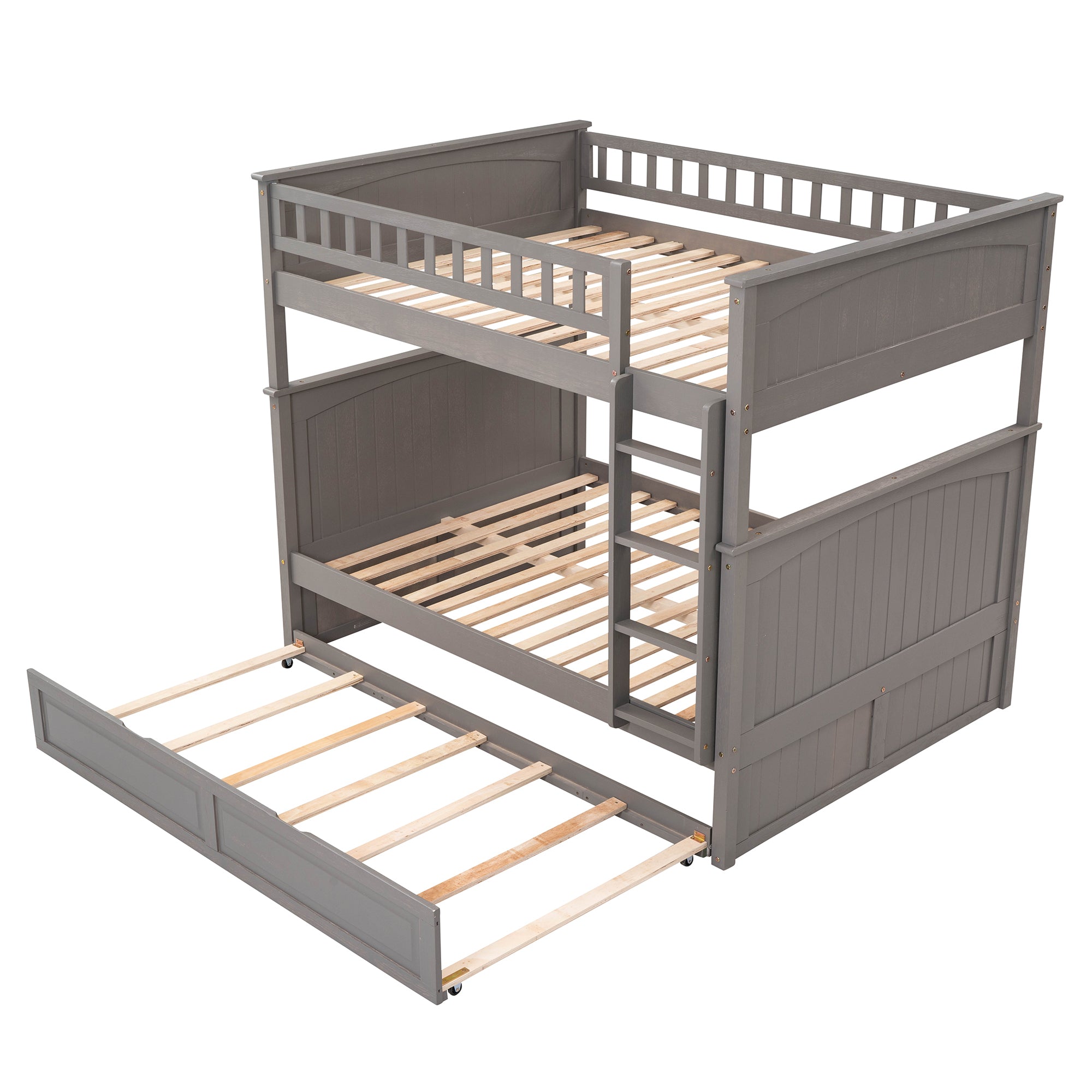 Full Over Full Bunk Bed with Twin Size Trundle, Pine Wood Bunk Bed with Guardrails, Brushed Gray(Old SKU:LP000044AAN)