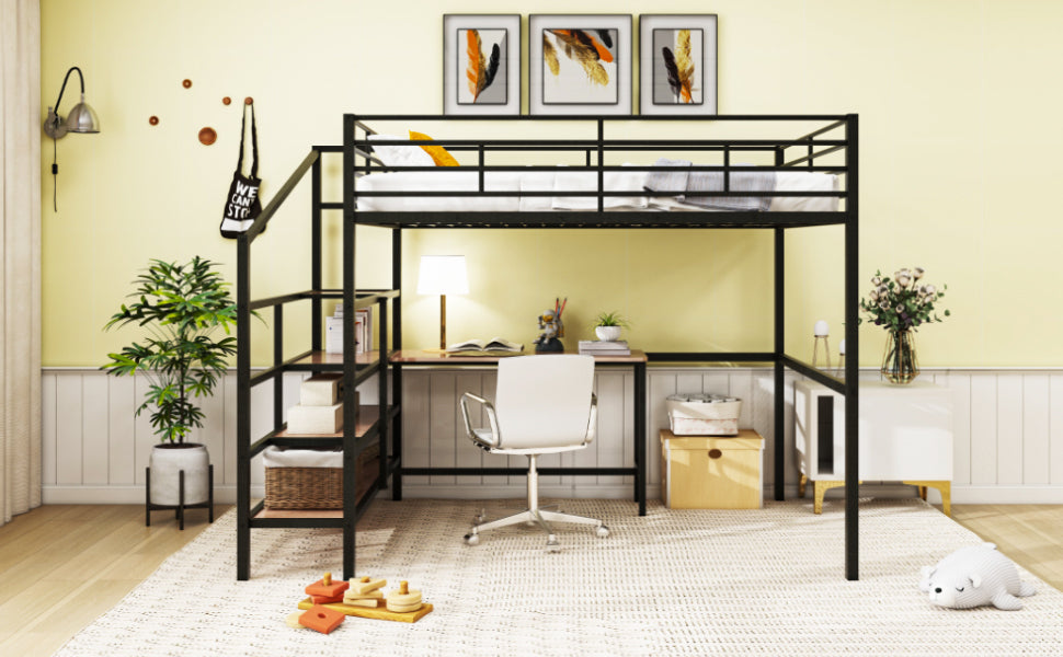 Full Size Metal Loft Bed with Desk and Lateral Storage Ladder, Black - Atlantic Fine Furniture Melbourne FL