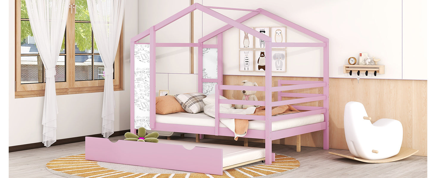 Full Size Wood House Bed with Fence and Writing Board, Pink - Atlantic Fine Furniture Melbourne FL