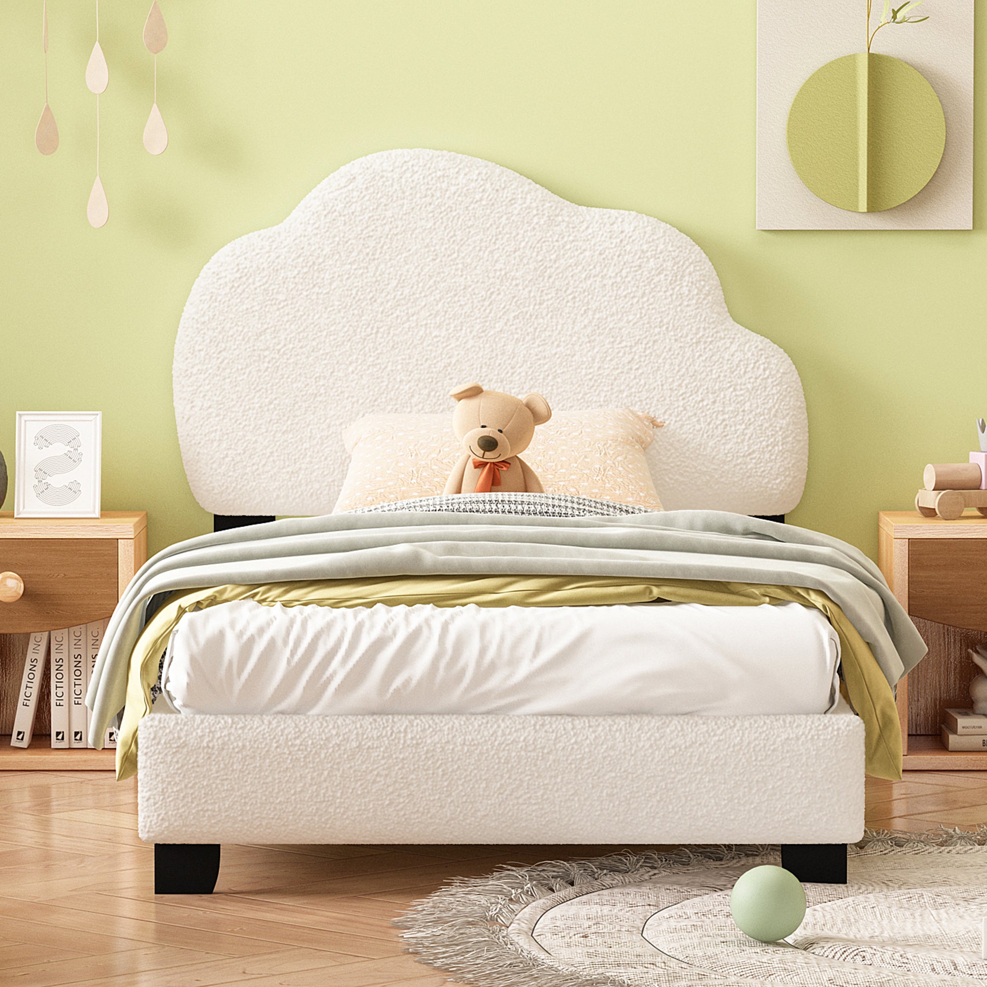 Twin Size Upholstered Boucle Fabric Platform Bed with Cloud-Shaped Headboard - Atlantic Fine Furniture Melbourne FL