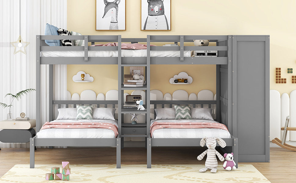 Full-Over-Twin-Twin Bunk Bed with Shelves, Wardrobe and Mirror, Gray - Atlantic Fine Furniture Melbourne FL