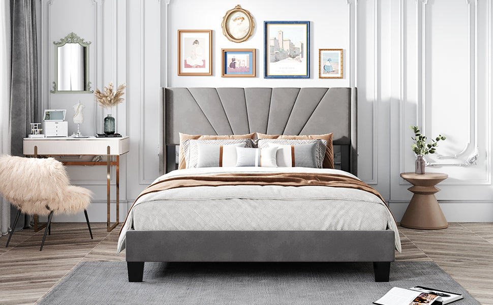 Queen Size Velvet Upholstered Platform Bed, Box Spring Needed - Gray - Atlantic Fine Furniture Melbourne FL