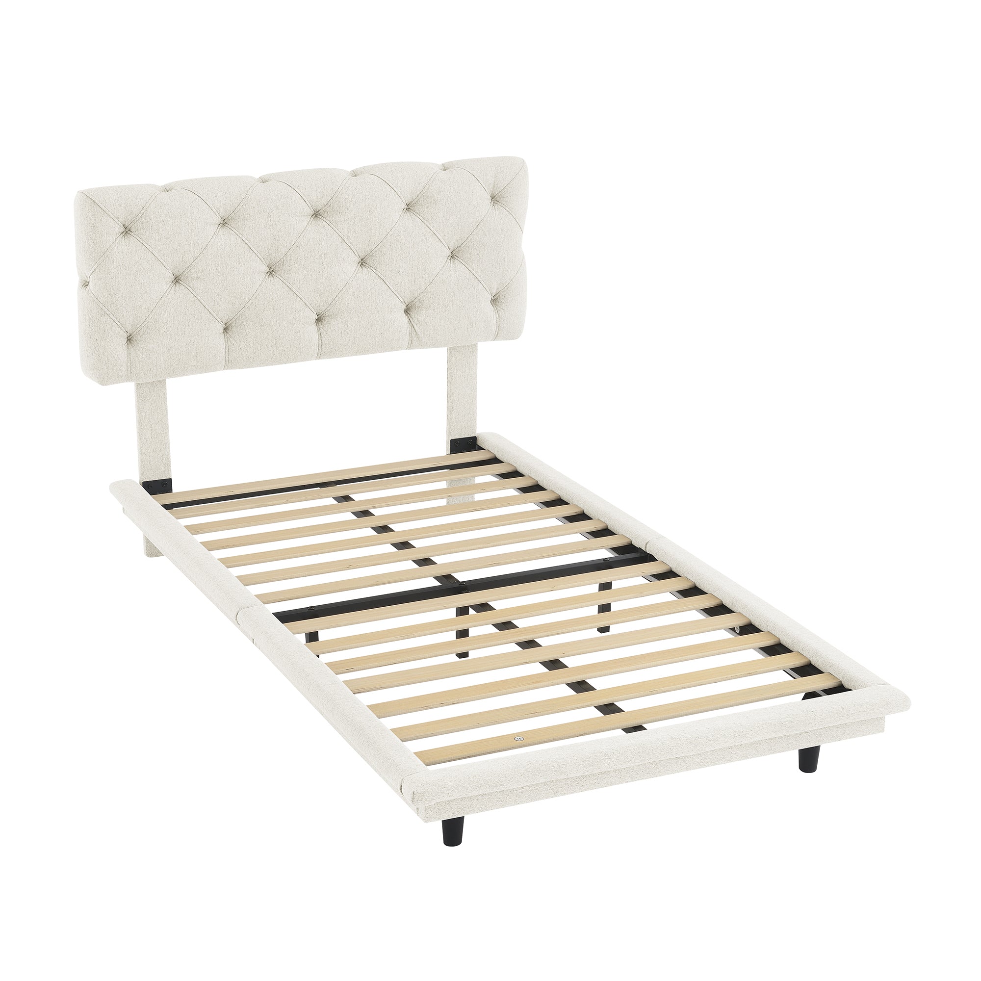Twin Size Upholstered Bed with Light Stripe, Floating Platform Bed, Linen Fabric,Beige - Atlantic Fine Furniture Melbourne FL
