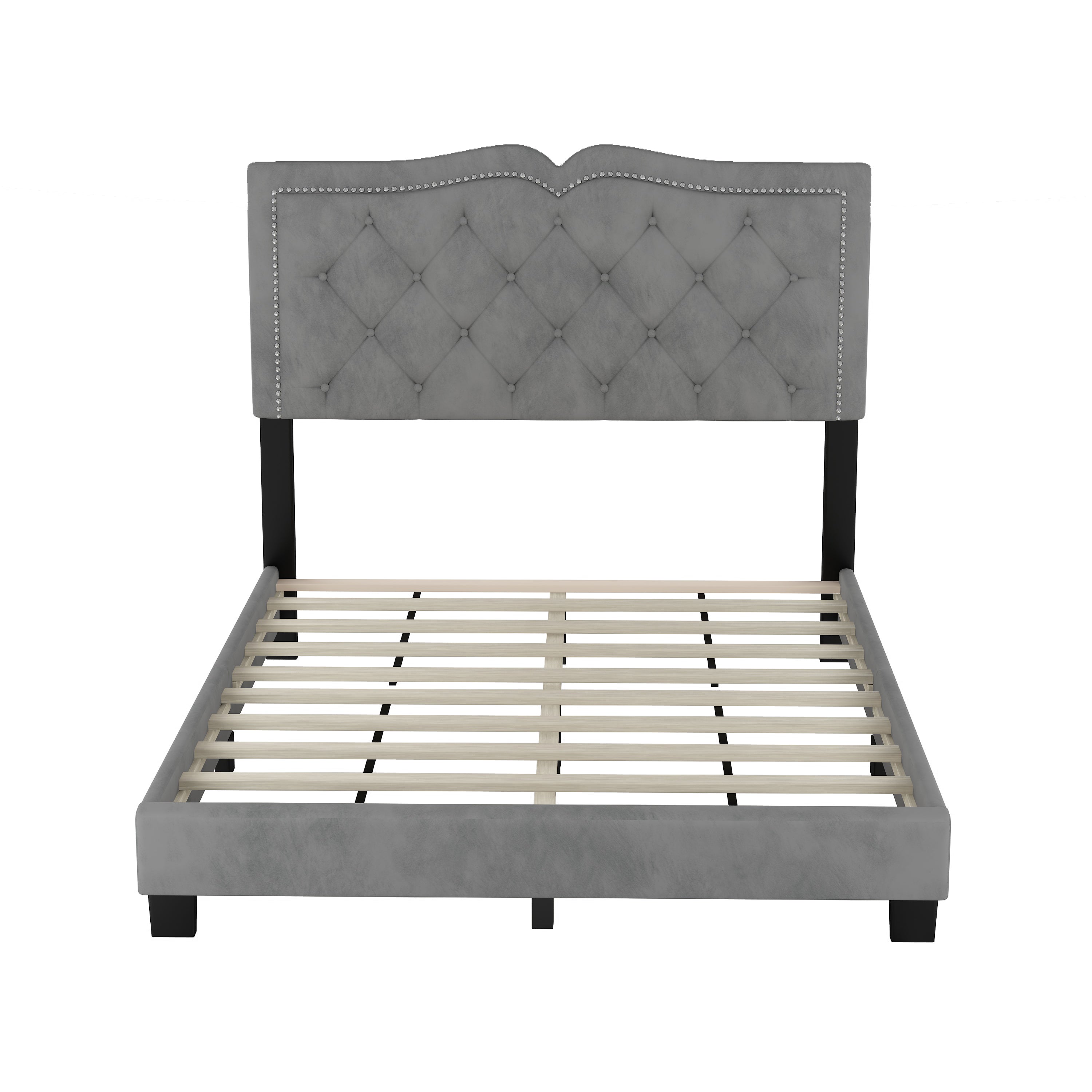 Full Size Upholstered Bed Frame with Rivet Design, Modern Velvet Platform Bed with Tufted Headboard,Gray - Atlantic Fine Furniture Melbourne FL