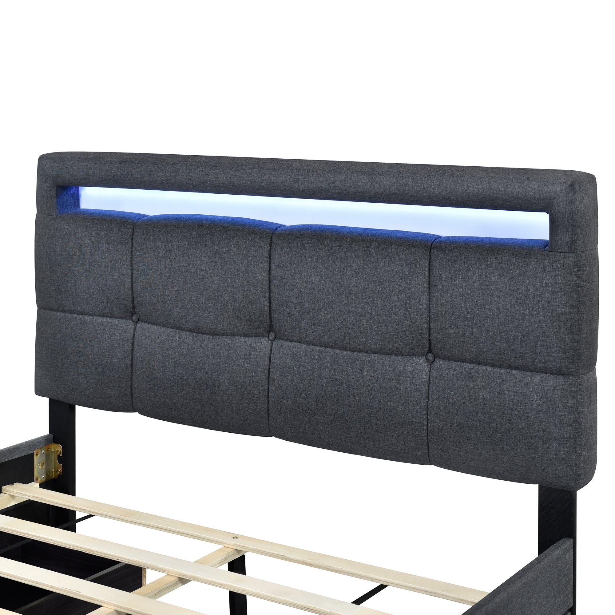 Full Size Upholstered Platform Bed with LED Frame and 4 Drawers, Linen Fabric, Gray - Atlantic Fine Furniture Melbourne FL