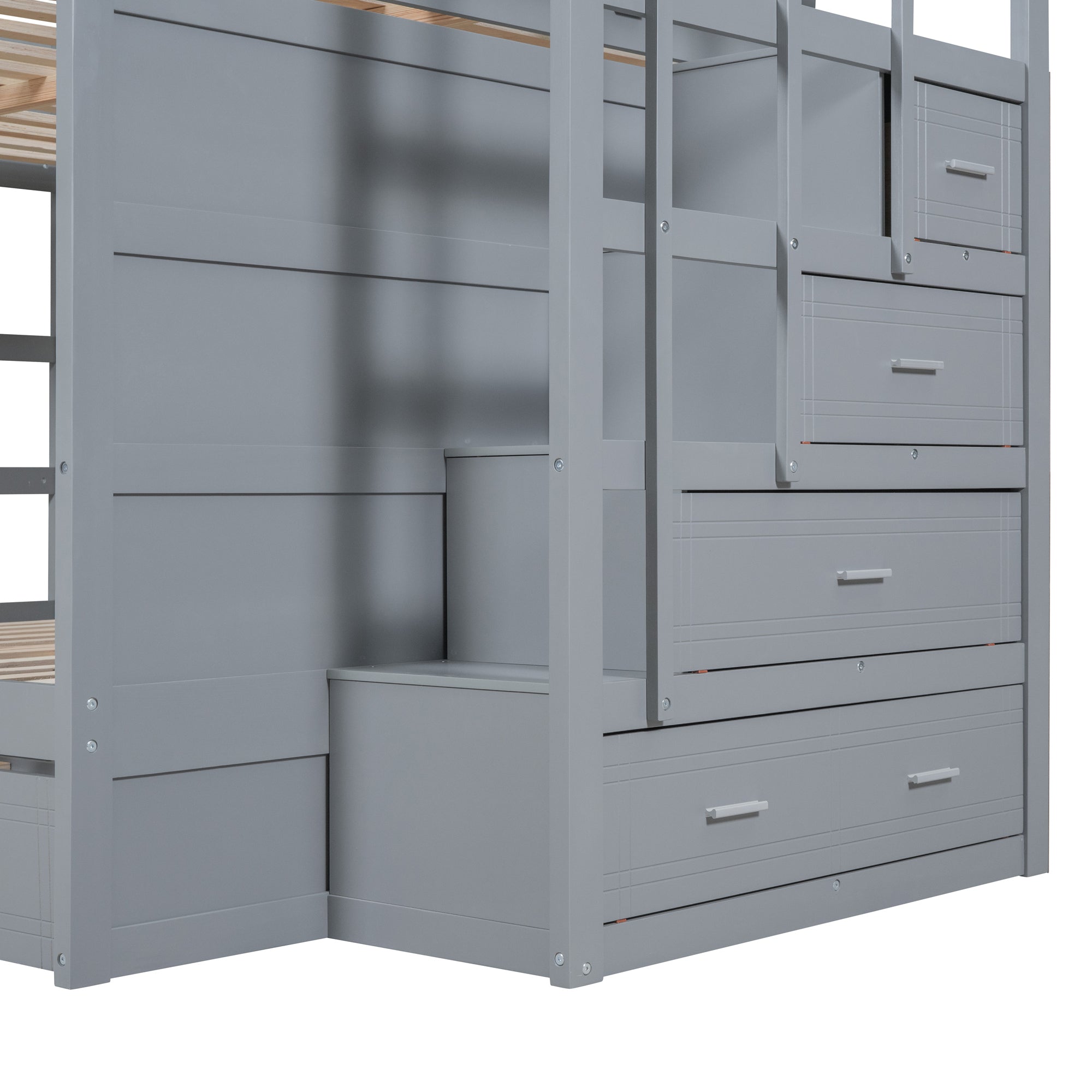 Full Over Full Bunk Bed with Twin Size Trundle and Staircase, Gray - Atlantic Fine Furniture Melbourne FL