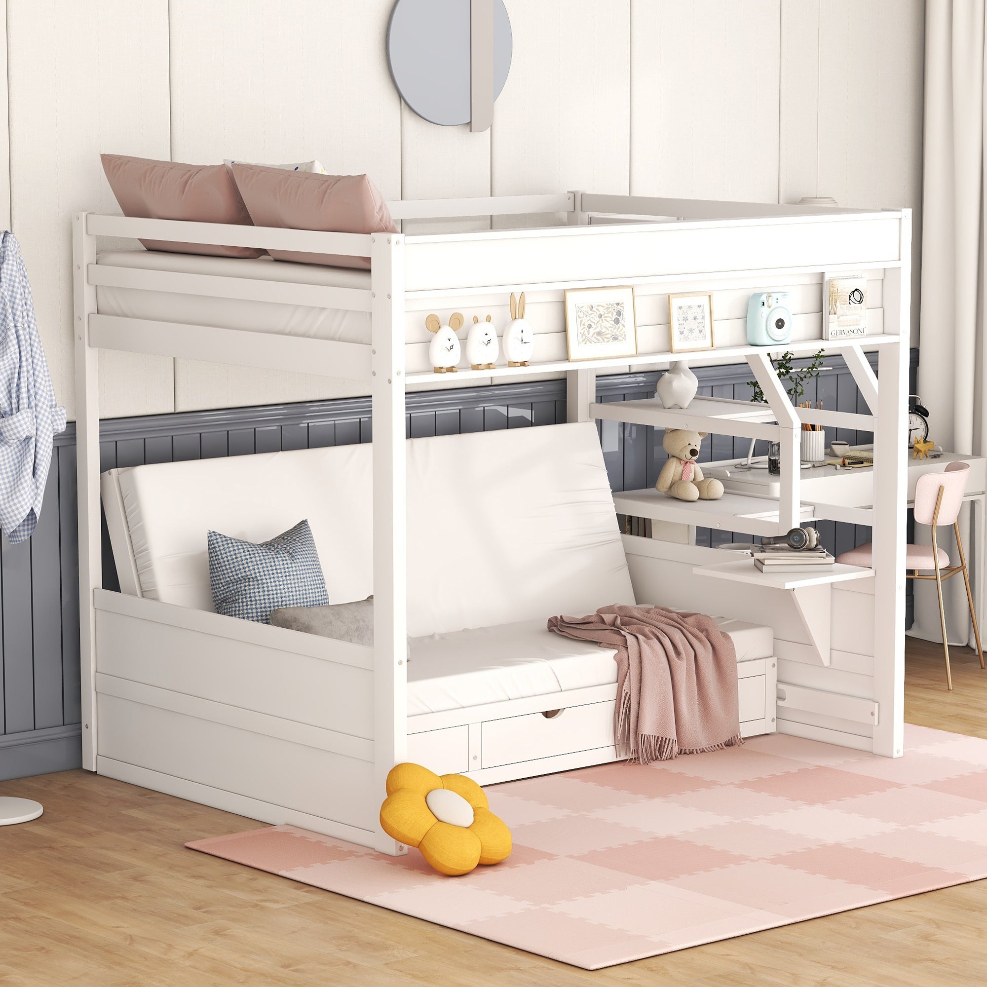 Wood Full Size Convertible Bunk Bed with Storage Staircase, Bedside Table, and 3 Drawers, White - Atlantic Fine Furniture Melbourne FL