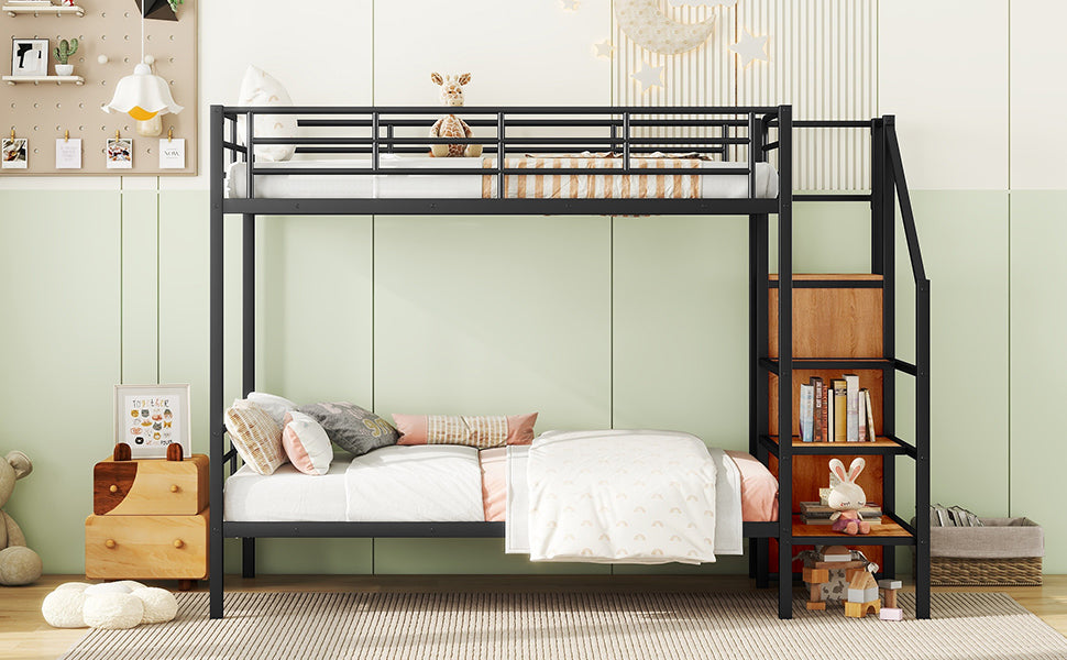 Twin Over Twin Metal Bunk Bed with Lateral Storage Ladder and Wardrobe, Black - Atlantic Fine Furniture Melbourne FL