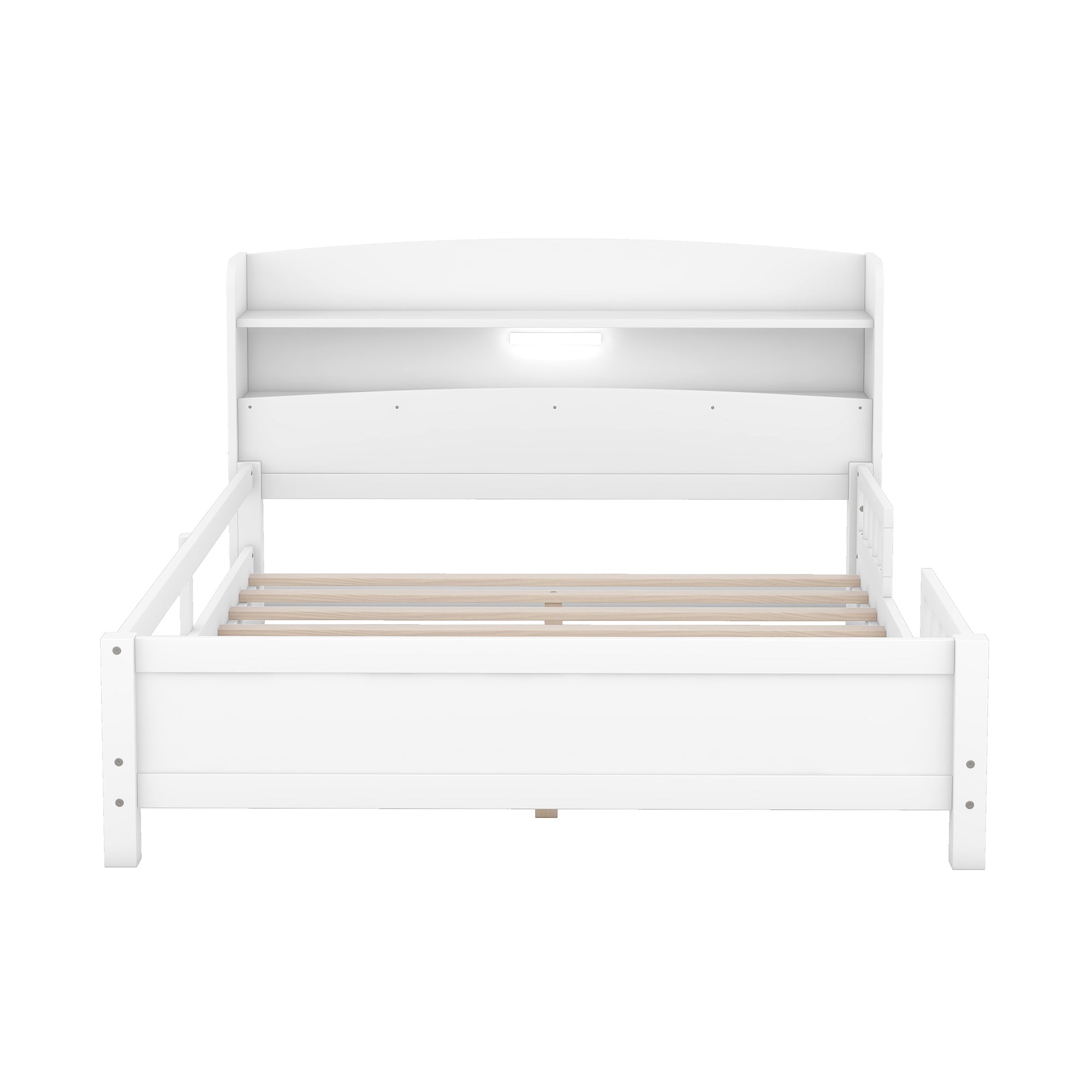 Wood Full Size Platform Bed with Built-in LED Light, Storage Headboard and Guardrail, White