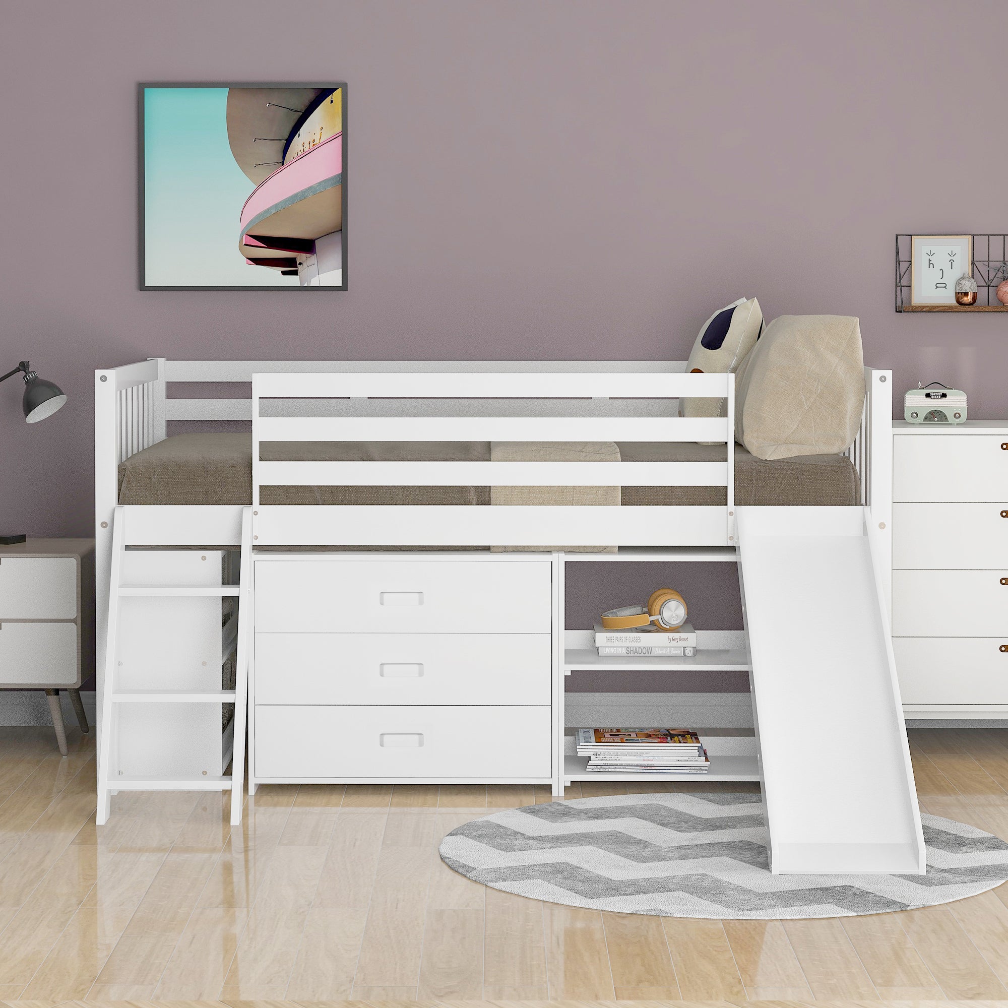 Low Loft Bed with Attached Bookcases and Separate 3-tier Drawers,Convertible Ladder and Slide,Twin,White - Atlantic Fine Furniture Melbourne FL