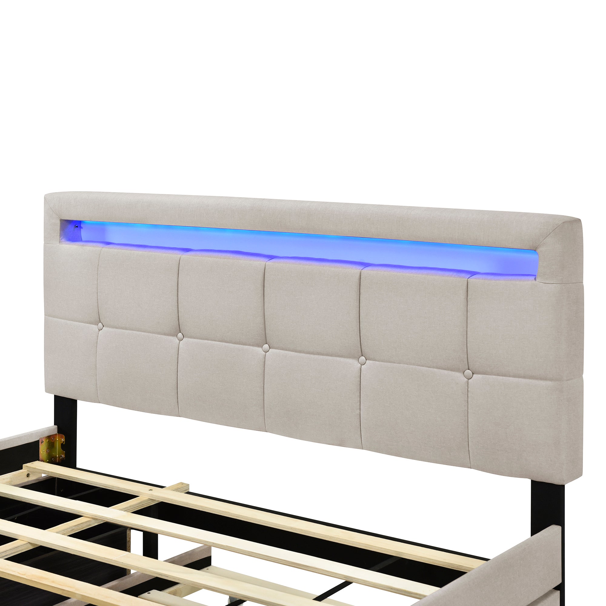 Queen Size Upholstered Platform Bed with LED Frame, with Twin XL Size Trundle and 2 drawers, Linen Fabric, Beige - Atlantic Fine Furniture Melbourne FL