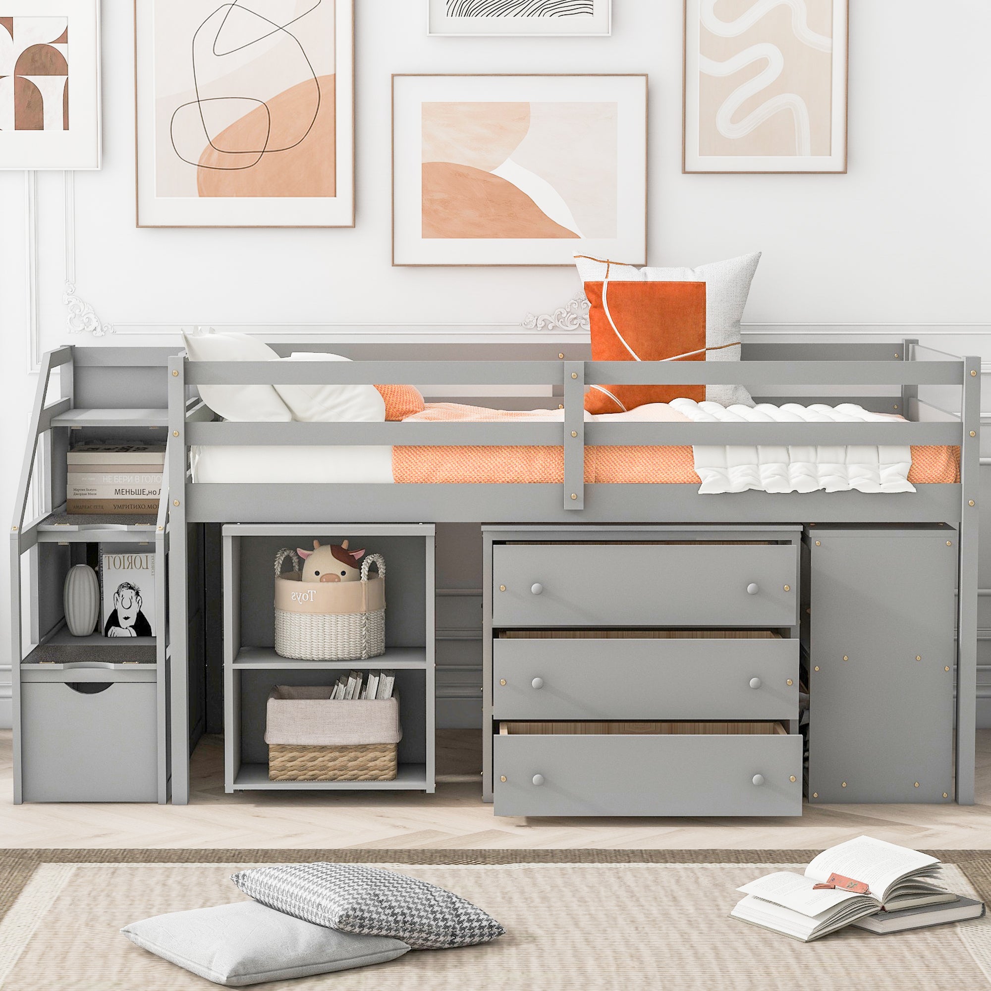 Twin Size Loft Bed with Retractable Writing Desk and 3 Drawers, Wooden Loft Bed with Storage Stairs and Shelves, Gray - Atlantic Fine Furniture Melbourne FL