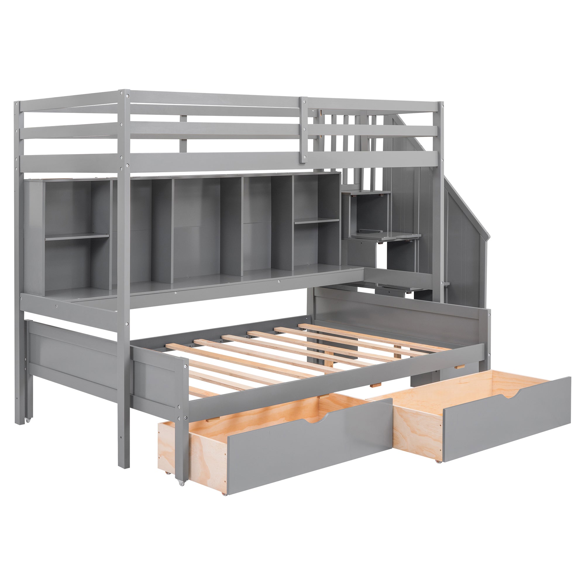 Twin XL over Full Bunk Bed with Built-in Storage Shelves, Drawers and Staircase,Gray - Atlantic Fine Furniture Melbourne FL
