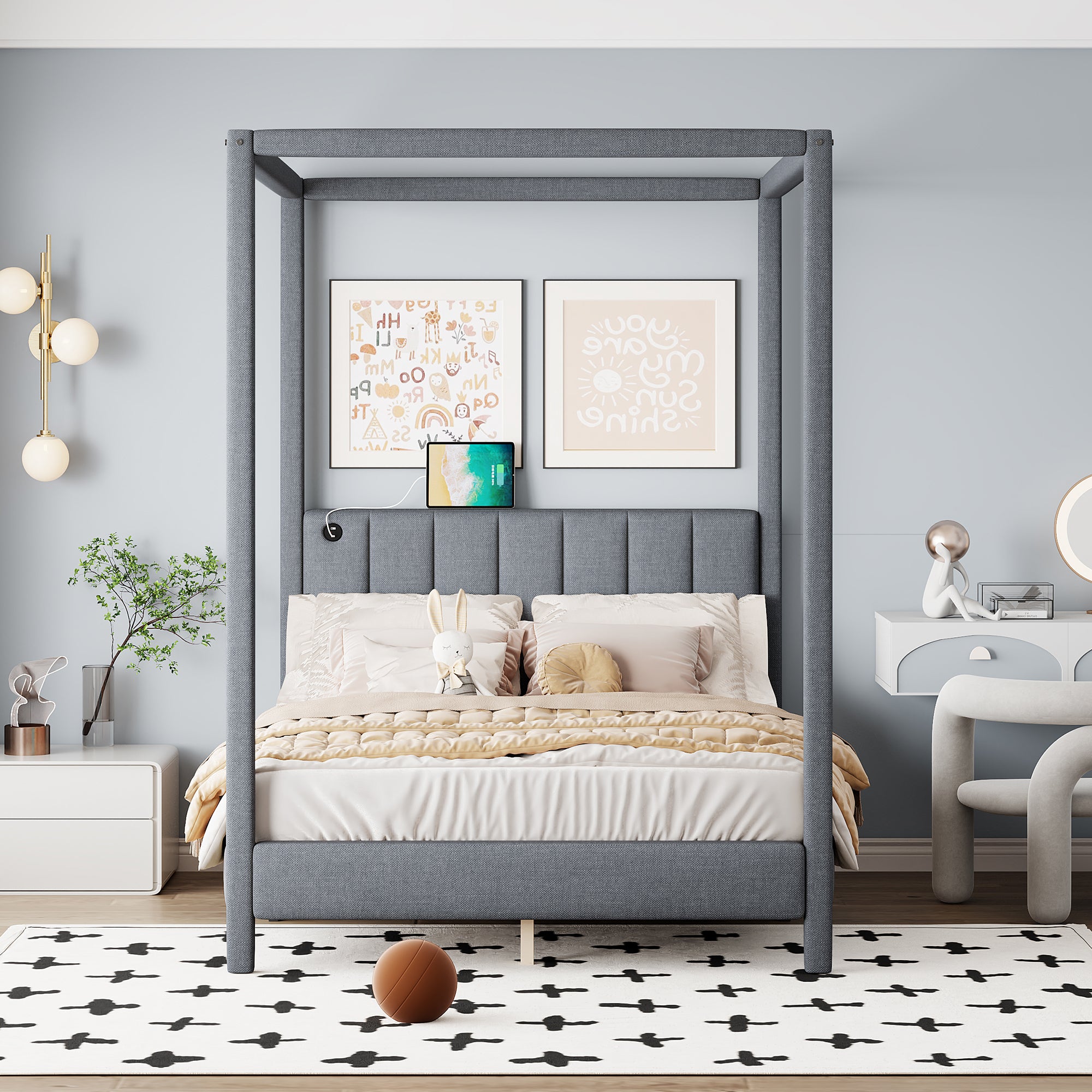 Queen Size Canopy Platform Bed with USB and Type-C Ports, Canvas, Gray - Atlantic Fine Furniture Melbourne FL