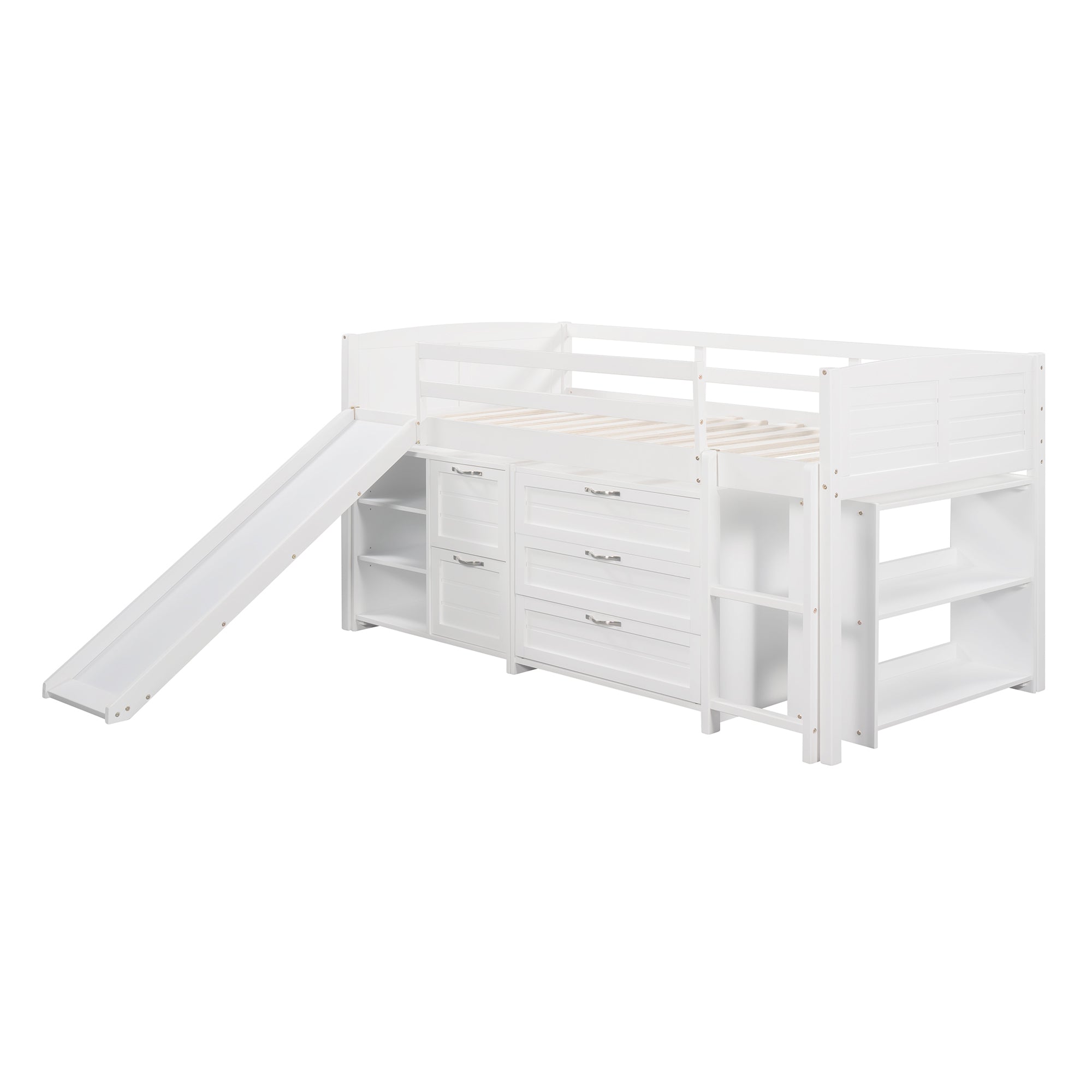 Low Twin Size Loft Bed with Cabinets, Shelves and Slide - White(OLD SKU :LP000503AAK) - Atlantic Fine Furniture Melbourne FL
