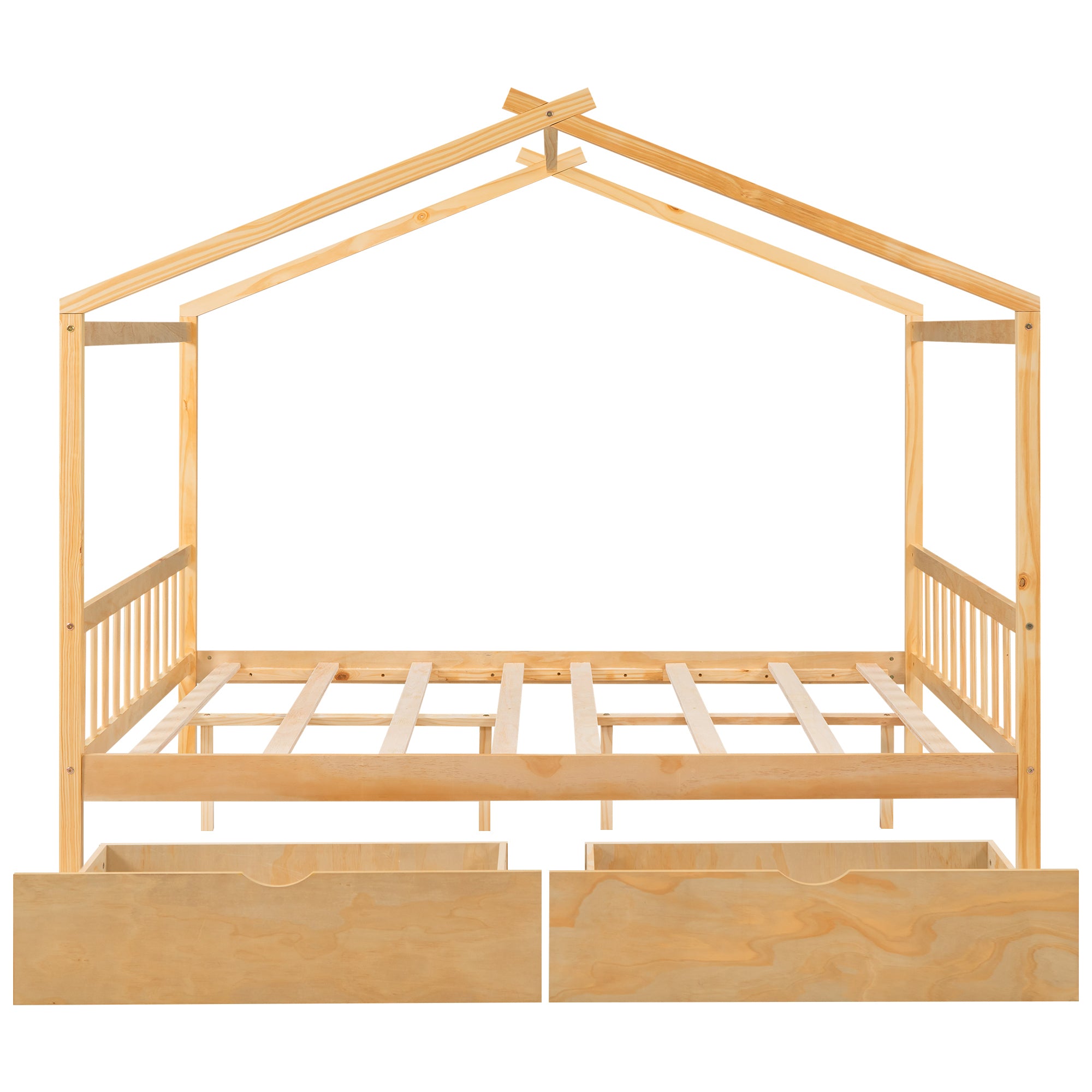 Full Size House Platform Bed with Two Drawers,Headboard and Footboard,Roof Design,Natural