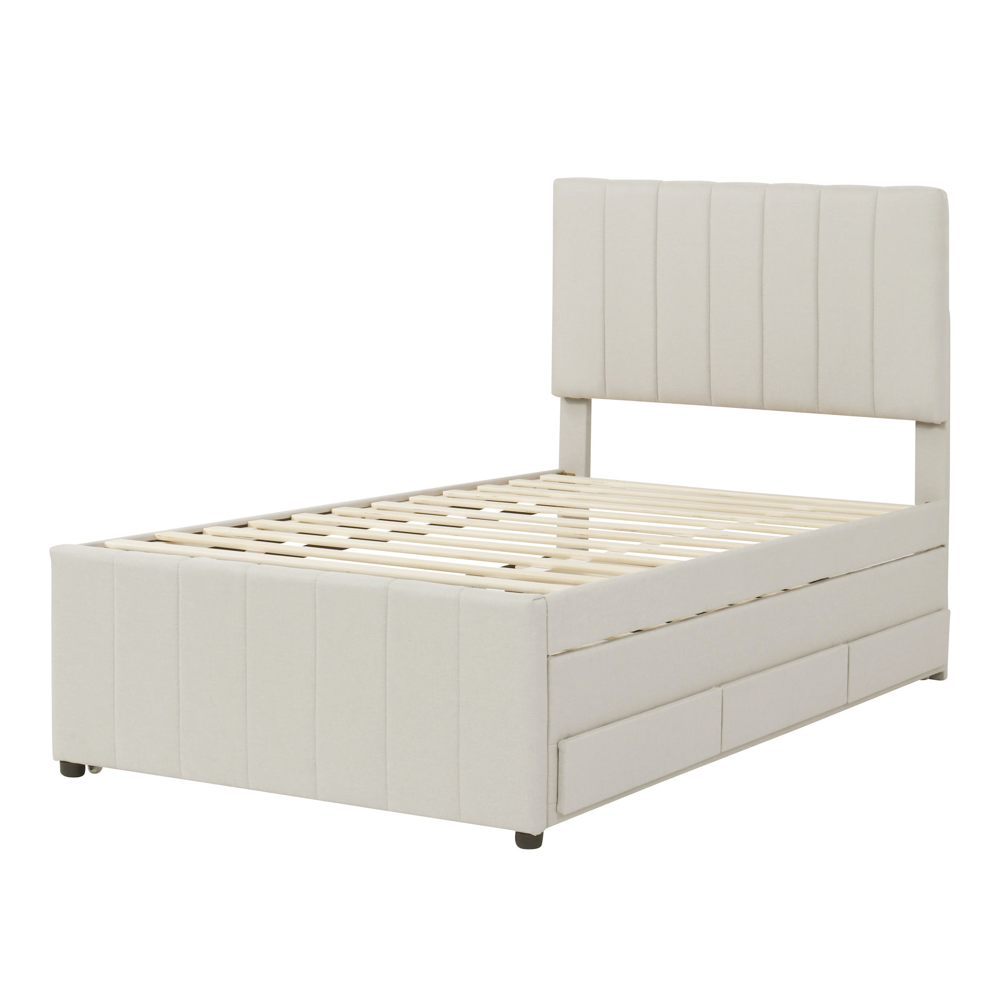 Twin Size Upholstered Platform Bed with Trundle and 3 Drawers, Linen Fabric, Beige - Atlantic Fine Furniture Melbourne FL