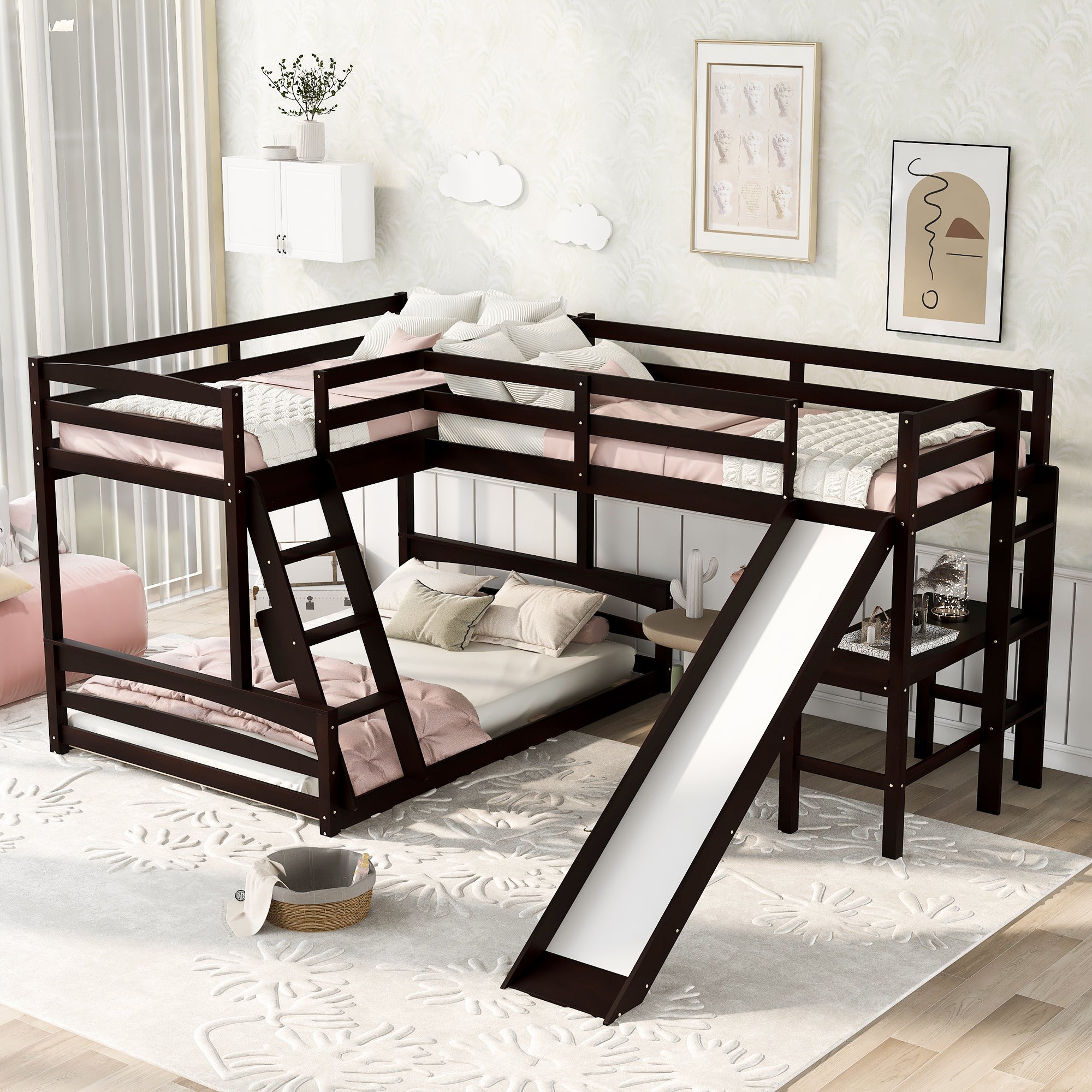Twin over Full Bunk Bed with Twin Size Loft Bed with Desk and Slide,Full-Length Guardrail, Espresso - Atlantic Fine Furniture Melbourne FL