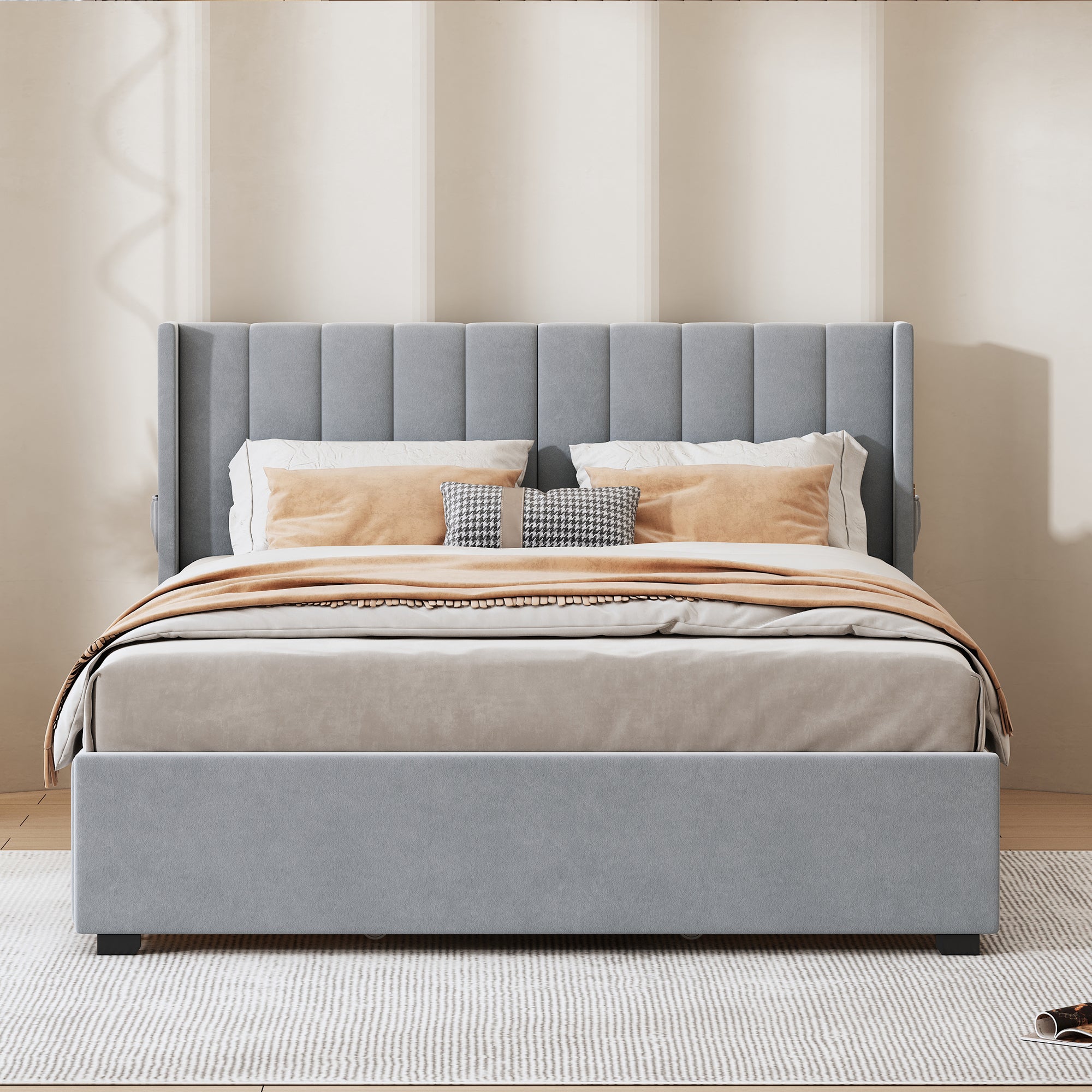 Queen Size Upholstered Bed with 4 Drawers, Gray - Atlantic Fine Furniture Melbourne FL