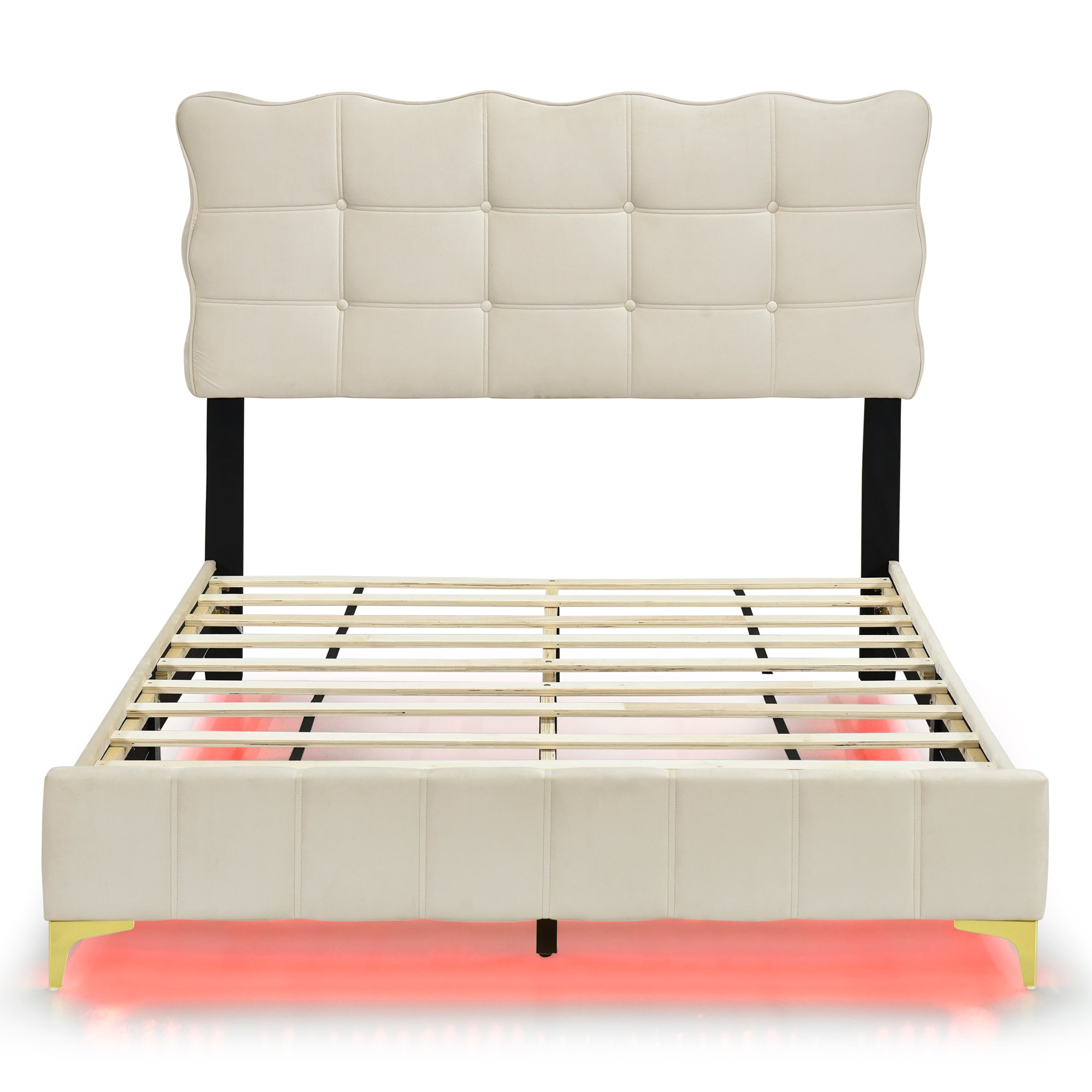 Full Size Velvet Platform Bed with LED Frame and Stylish Mental Bed Legs, Beige - Atlantic Fine Furniture Melbourne FL