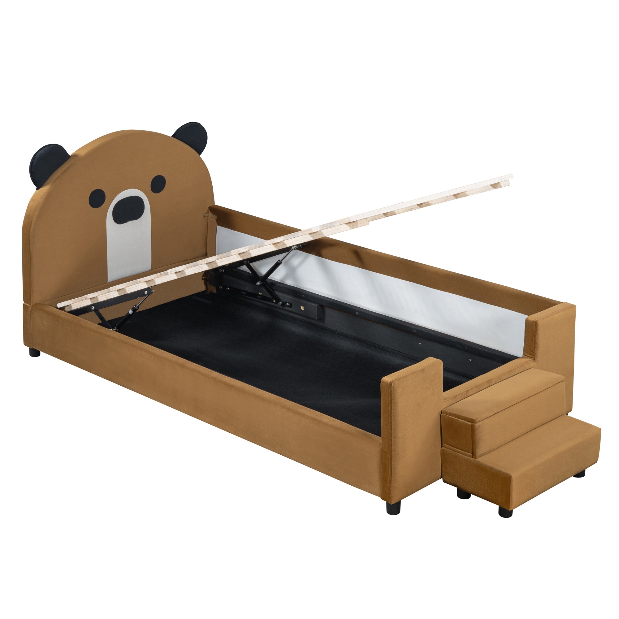 Twin Size Upholstered Daybed with Bear Shaped Headboard, Hydraulic System and Breathable Mesh Fence, Brown - Atlantic Fine Furniture Melbourne FL