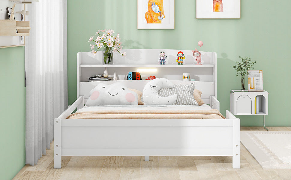 Wood Full Size Platform Bed with Built-in LED Light, Storage Headboard and Guardrail, White