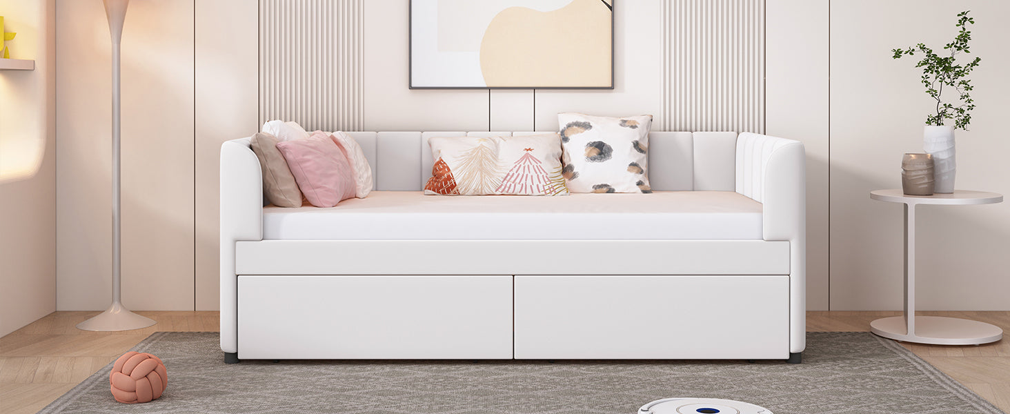 Twin Size Upholstered Daybed with Ergonomic Design Backrest and 2 Drawers, Beige - Atlantic Fine Furniture Melbourne FL