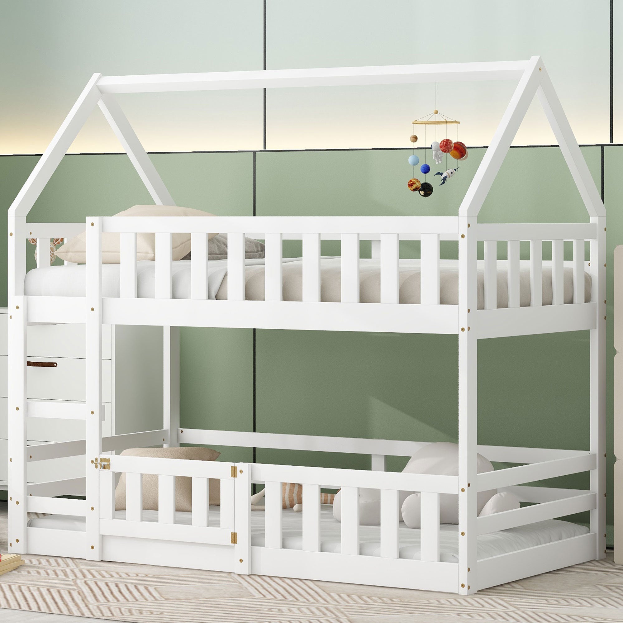 Twin over Twin House Bunk Bed with Fence and Door, White - Atlantic Fine Furniture Melbourne FL