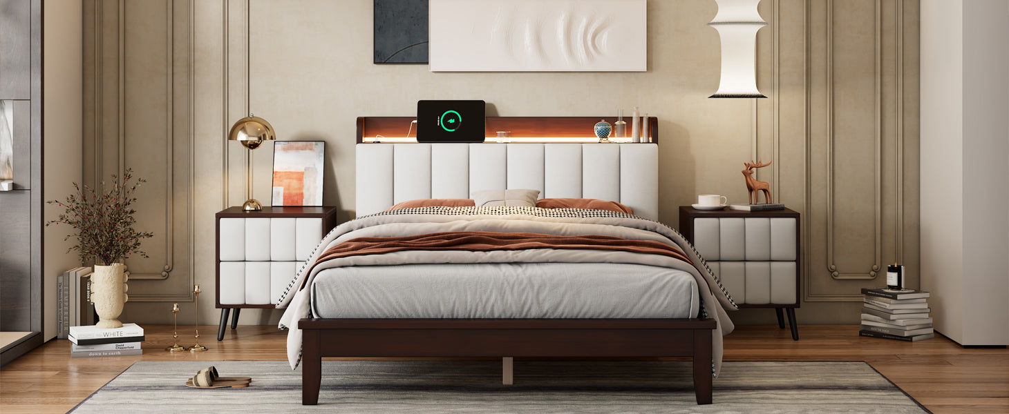 Full size Platform Bed with USB Charging Station and Storage Upholstered Headboard,LED Bed Frame,No Box Spring Needed,Walnut+Beige - Atlantic Fine Furniture Melbourne FL