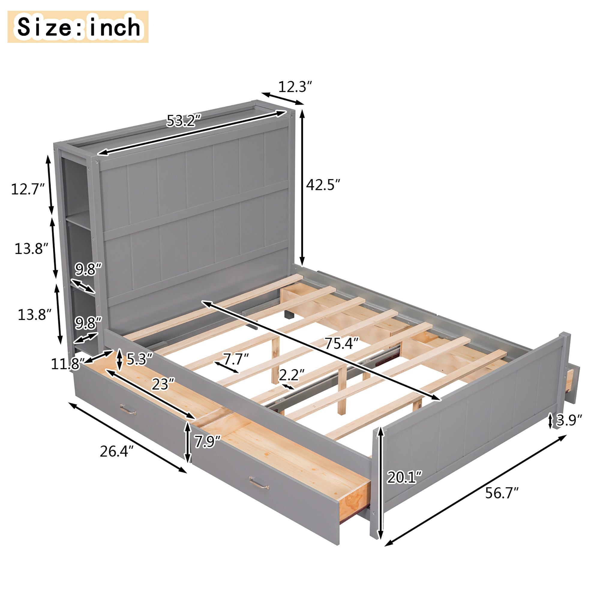 Full Size Platform Bed with Drawers and Storage Shelves, Gray - Atlantic Fine Furniture Melbourne FL