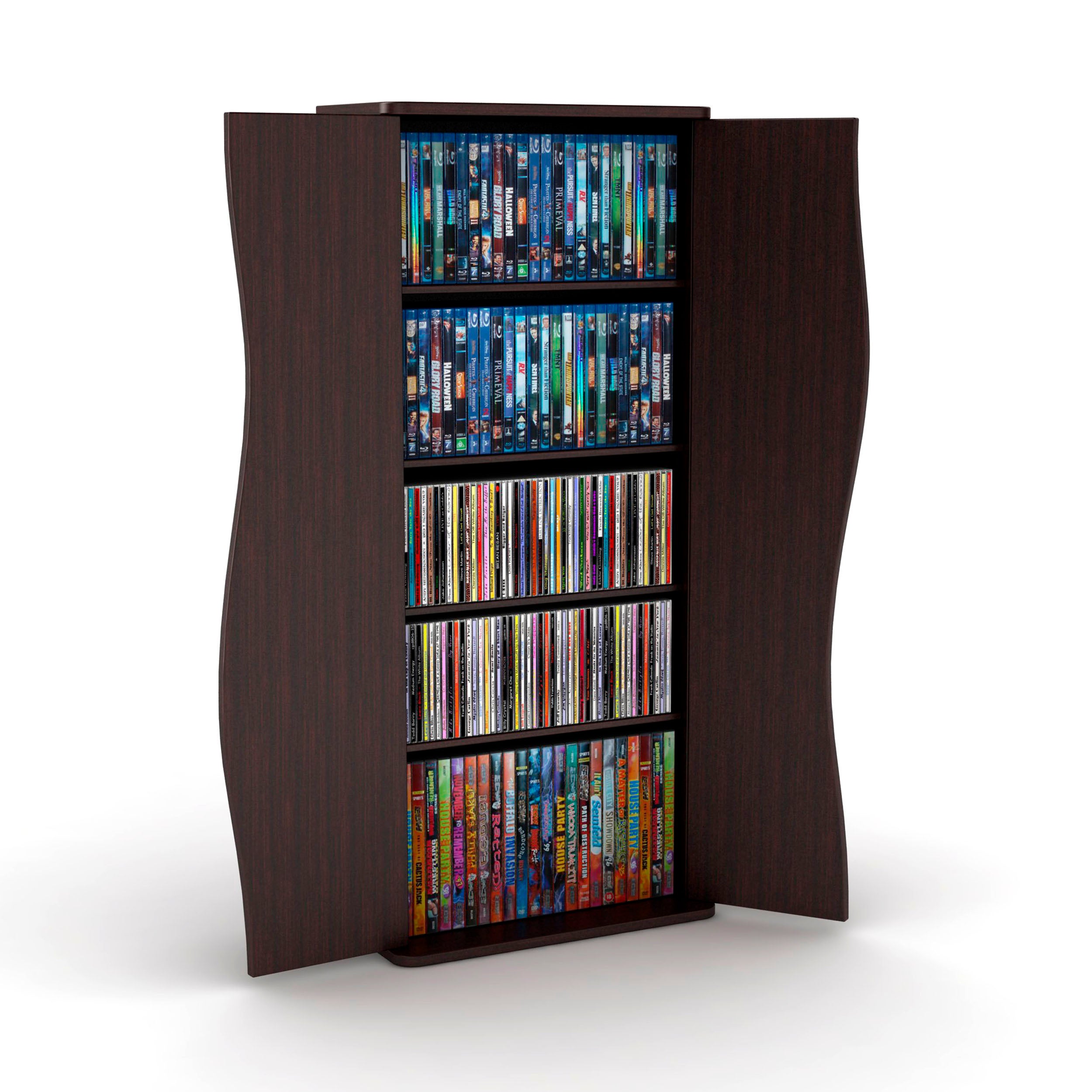 Multimedia Cabinet, 5 Sliding Dividers, Push to Open Magnetic Doors, 2 Fixed Shelves, 4 Adjustable Shelves in Espresso Brown
