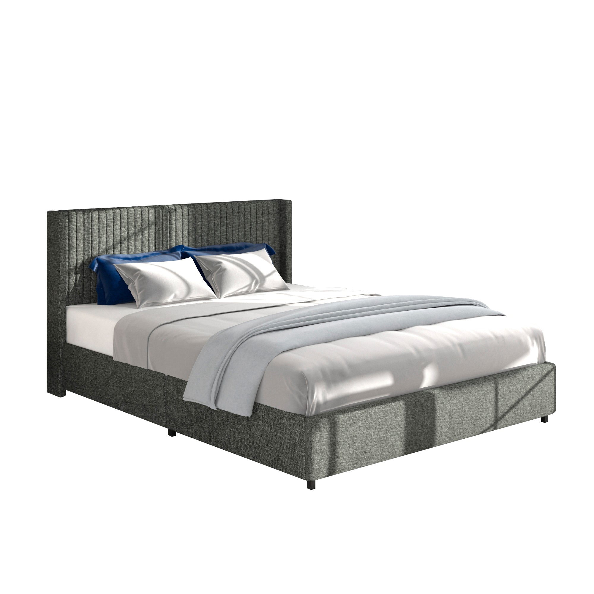 Anna Full Size Gray Linen Upholstered Wingback Platform Bed with Patented 4 Drawers Storage, Modern Design Headboard with Tight Channel, Wooden Slat Mattress Support No Box Spring Needed - Atlantic Fine Furniture Melbourne FL
