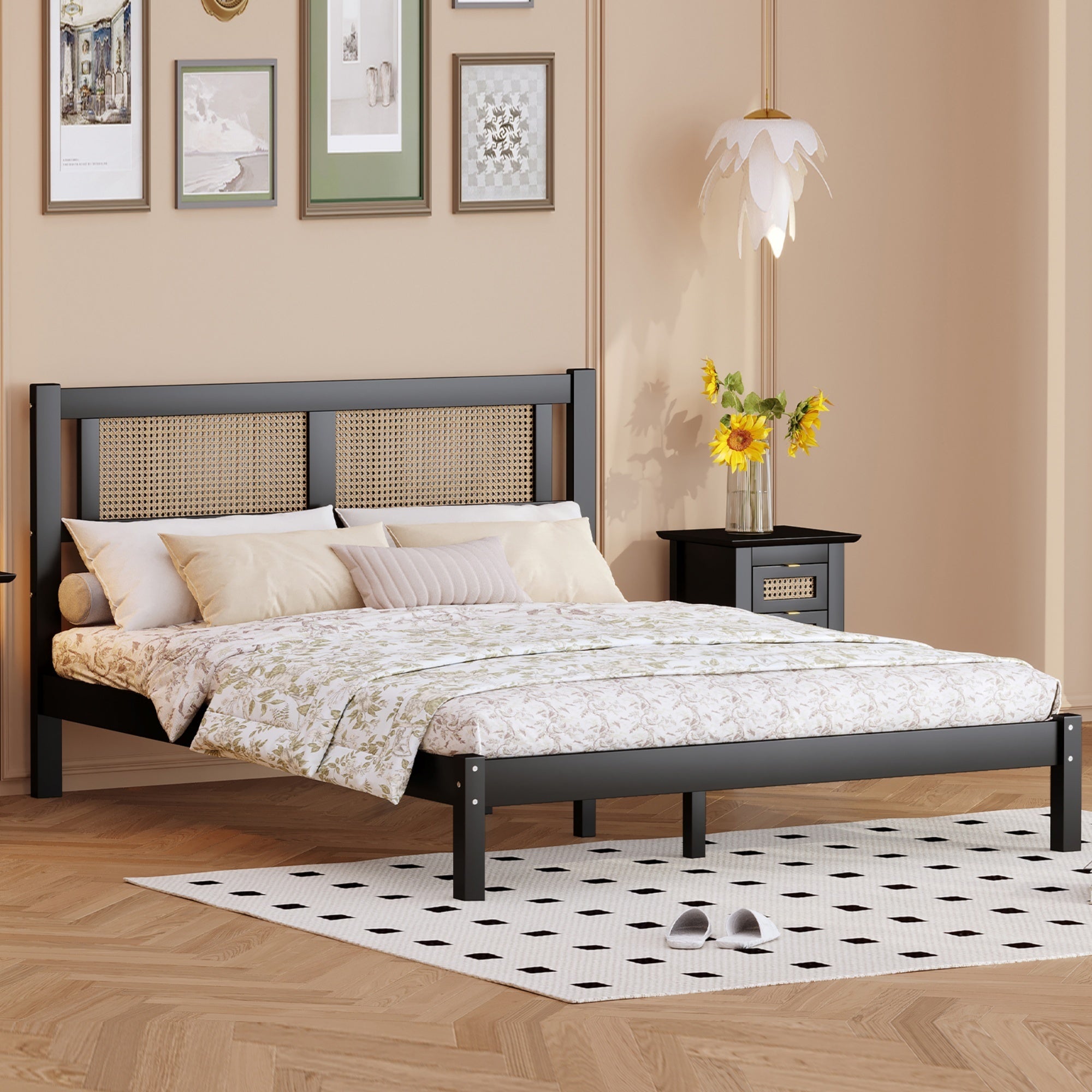 Queen Size Wooden Platform Bed with Natural Rattan Headboard, Exquisite Elegance with Minimalist Charm for Bedroom, Black - Atlantic Fine Furniture Melbourne FL