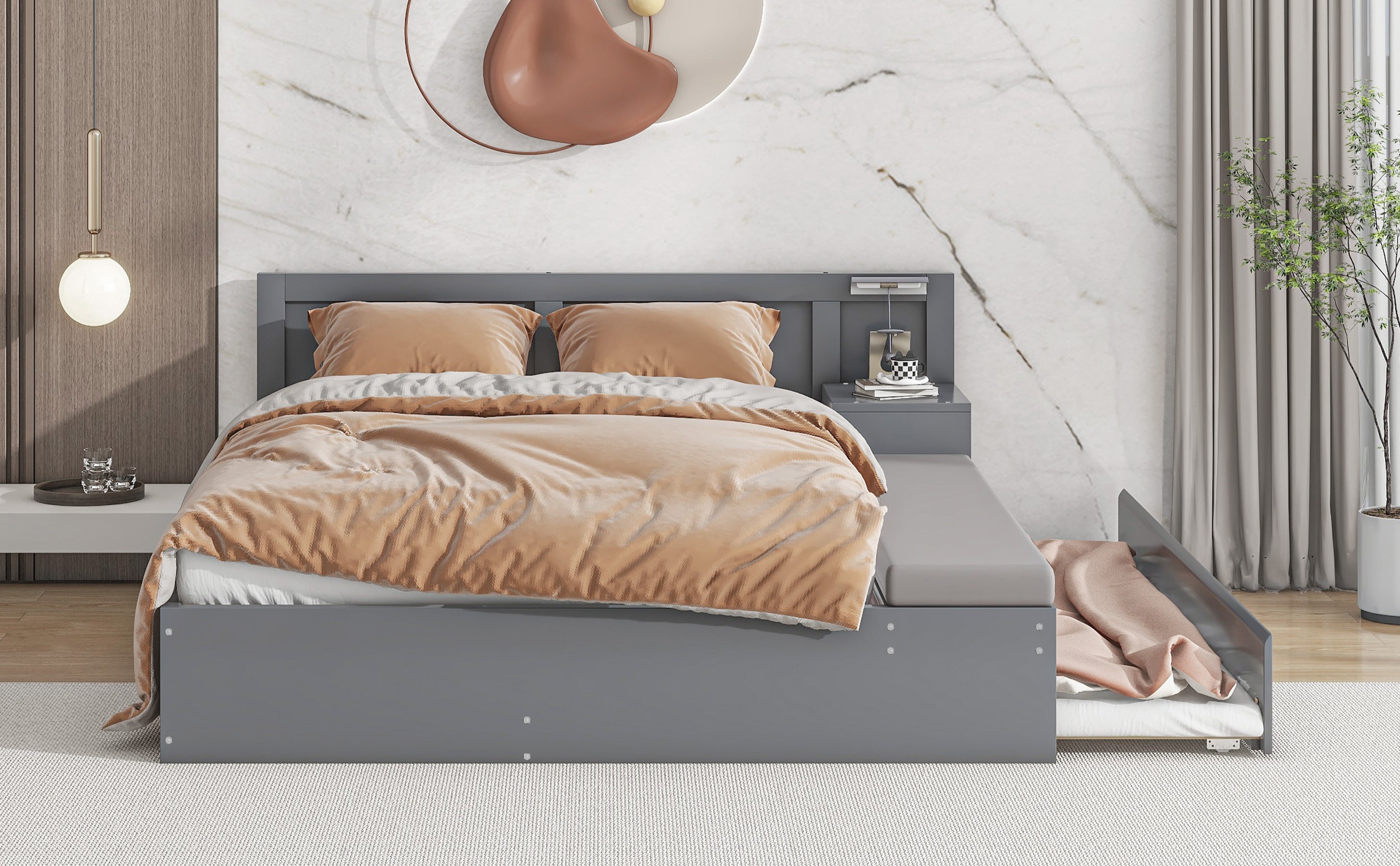 Full Size Wood Storage Hydraulic Platform Bed with Twin Size Trundle, Side Table and Lounge, Gray - Atlantic Fine Furniture Melbourne FL