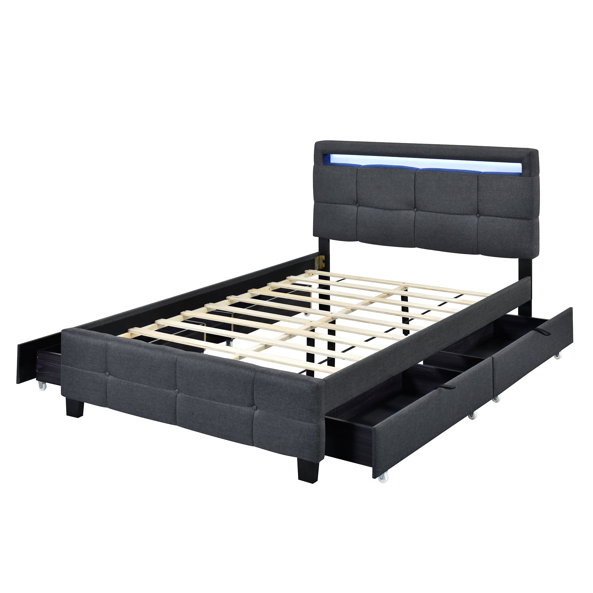 Full Size Upholstered Platform Bed with LED Frame and 4 Drawers, Linen Fabric, Gray - Atlantic Fine Furniture Melbourne FL