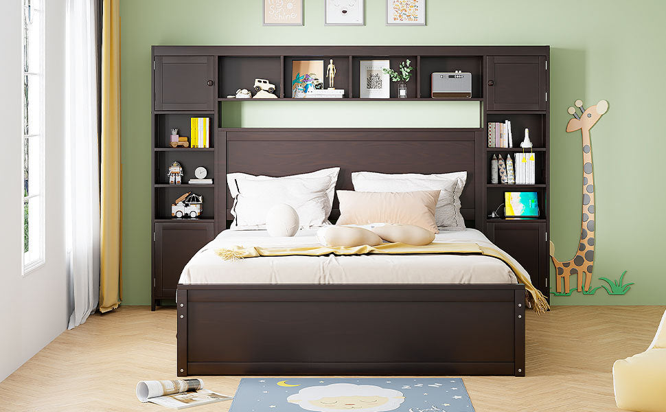 Queen Size Wooden Bed With All-in-One Cabinet, Shelf and Sockets, Espresso - Atlantic Fine Furniture Melbourne FL