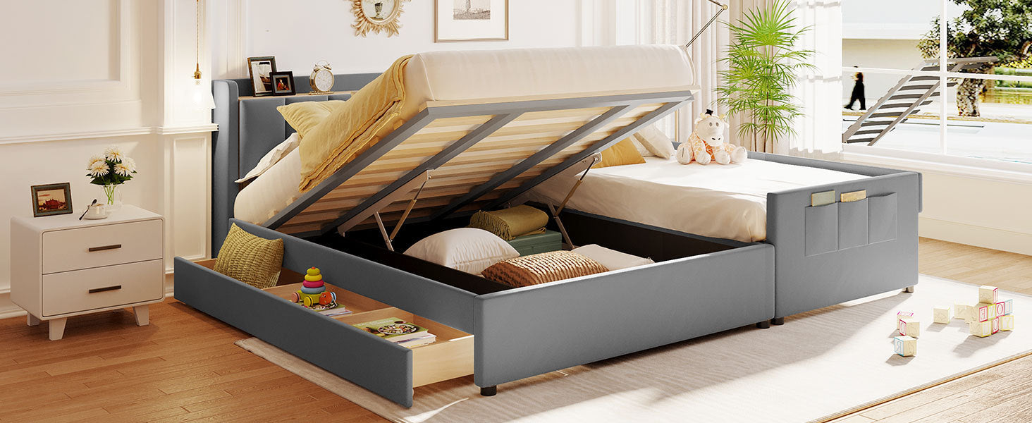 Queen Size & Twin XL Size Upholstered Platform Bed, Mother & Child Bed with Hydraulic Storage System, Drawer Box, Bedhead storage shelf and Two pairs of sockets & USB Ports, PU Leather, Gray - Atlantic Fine Furniture Melbourne FL