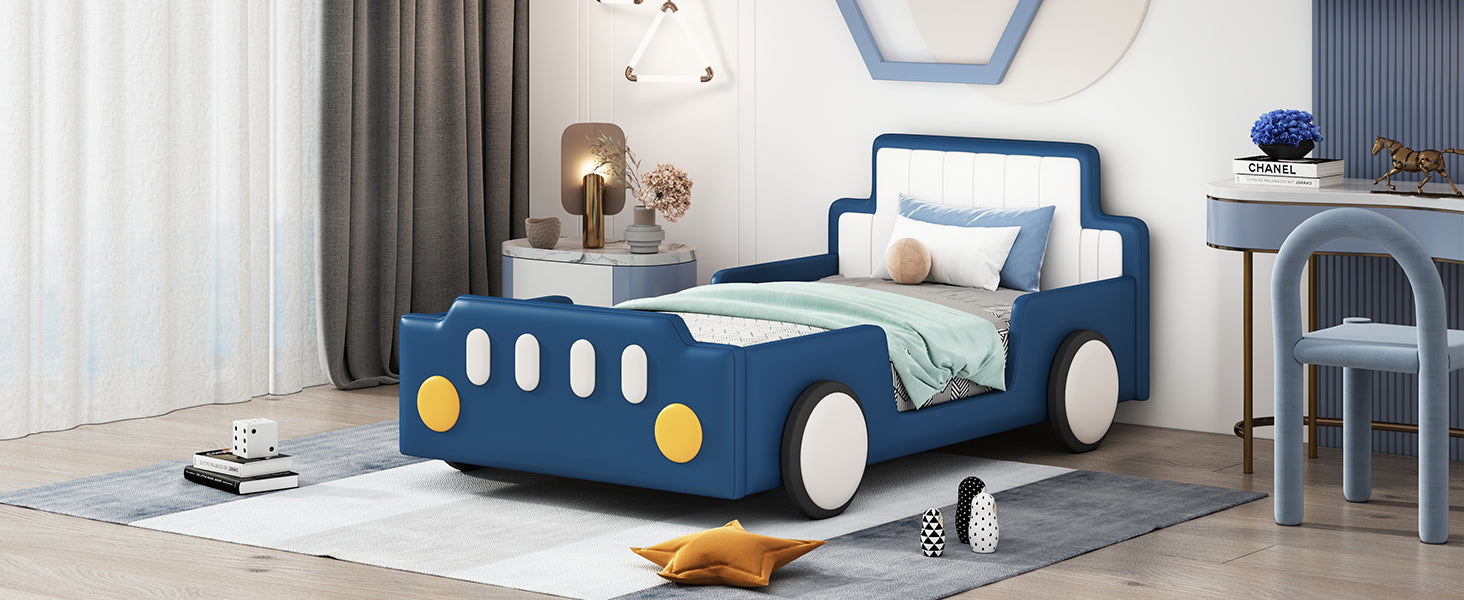 Twin Size Race Car-Shaped Platform Bed with Wheels,Blue - Atlantic Fine Furniture Melbourne FL
