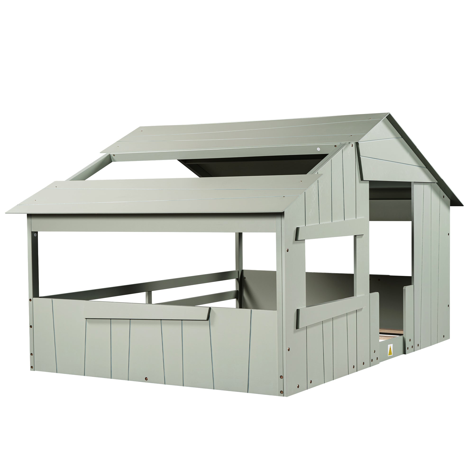 Wood Full Size House Bed with Roof, Window and Guardrail, Light Green - Atlantic Fine Furniture Melbourne FL