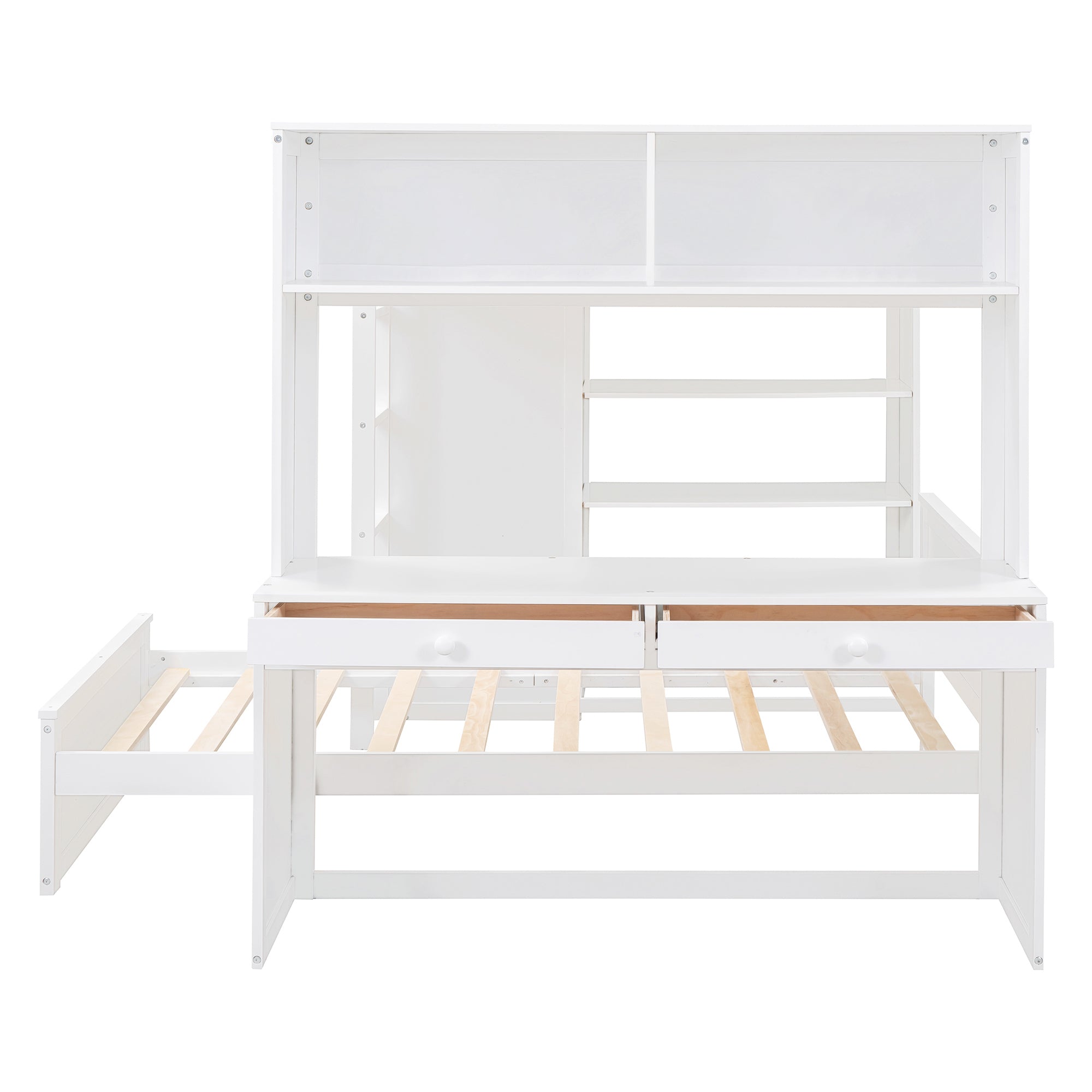 Full size Loft Bed with a twin size Stand-alone bed, Shelves,Desk,and Wardrobe-White