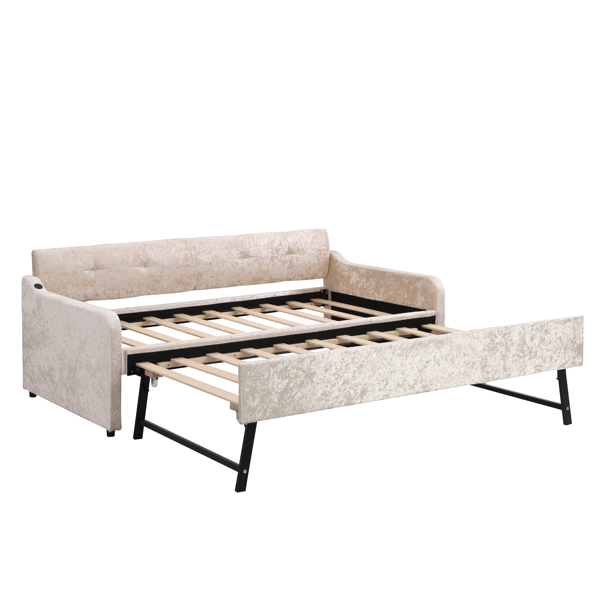Twin Size Snowflake Velvet Daybed with Trundle and USB Charging Design,Beige - Atlantic Fine Furniture Melbourne FL