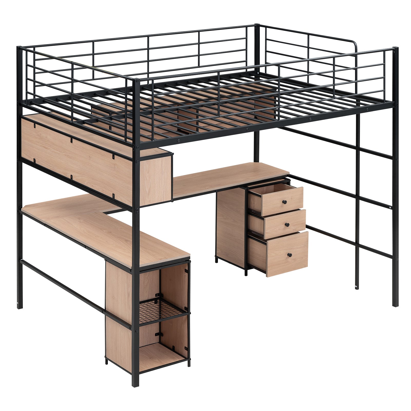 Metal Loft Bed with bookcase, desk and cabinet, Full, Black - Atlantic Fine Furniture Melbourne FL