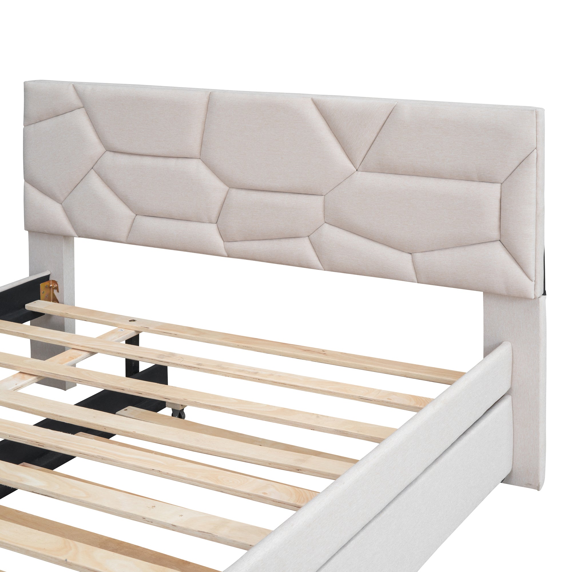 Full Size Upholstered Platform Bed with Brick Pattern Headboard and Twin Size Trundle, Linen Fabric, Beige - Atlantic Fine Furniture Melbourne FL