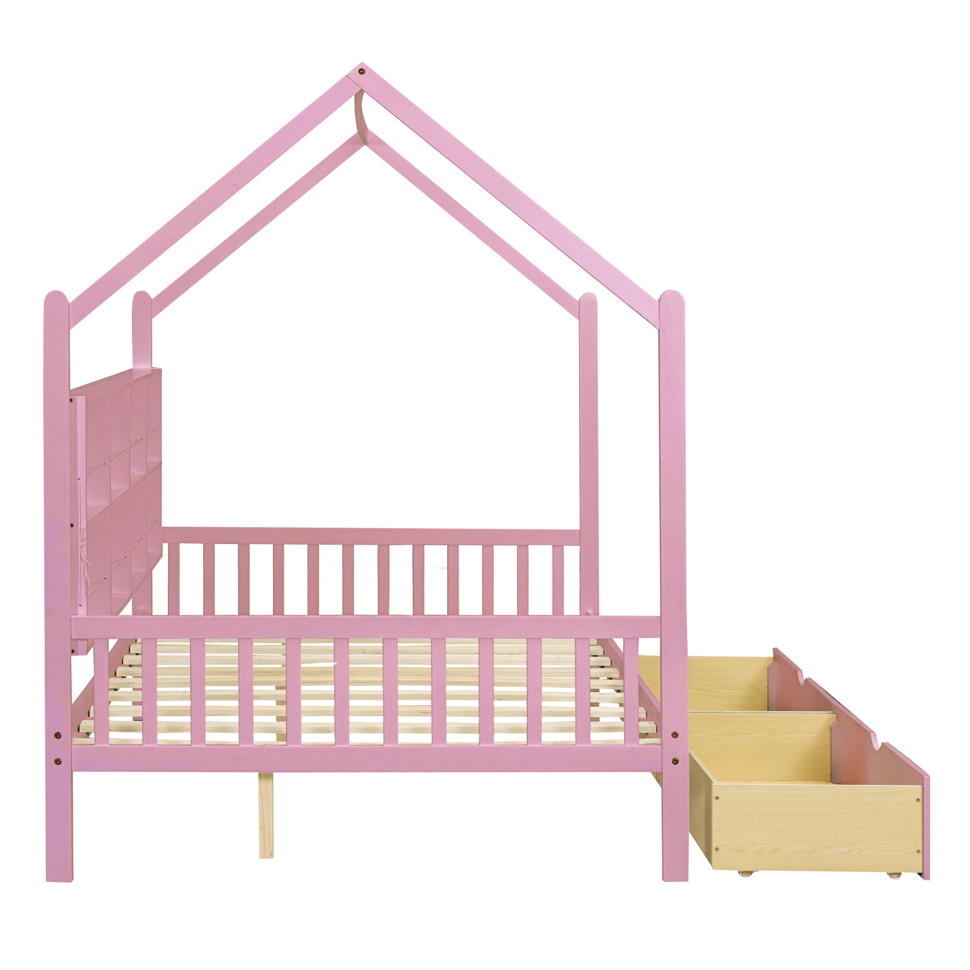 Wooden Full Size House Bed with 2 Drawers,Kids Bed with Storage Shelf, Pink - Atlantic Fine Furniture Melbourne FL