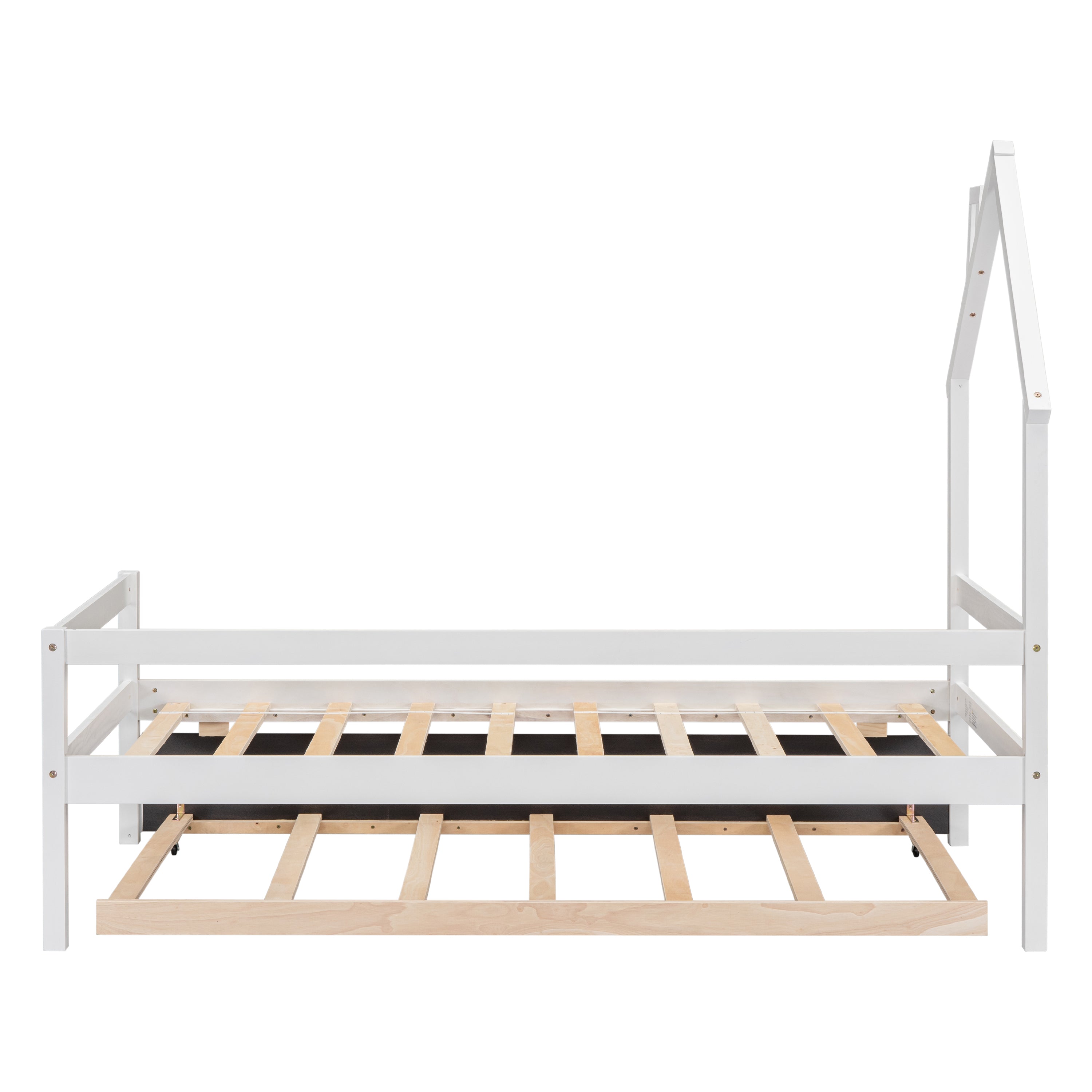 Twin House Wooden Daybed with trundle, Twin House-Shaped Headboard bed with Guardrails,White